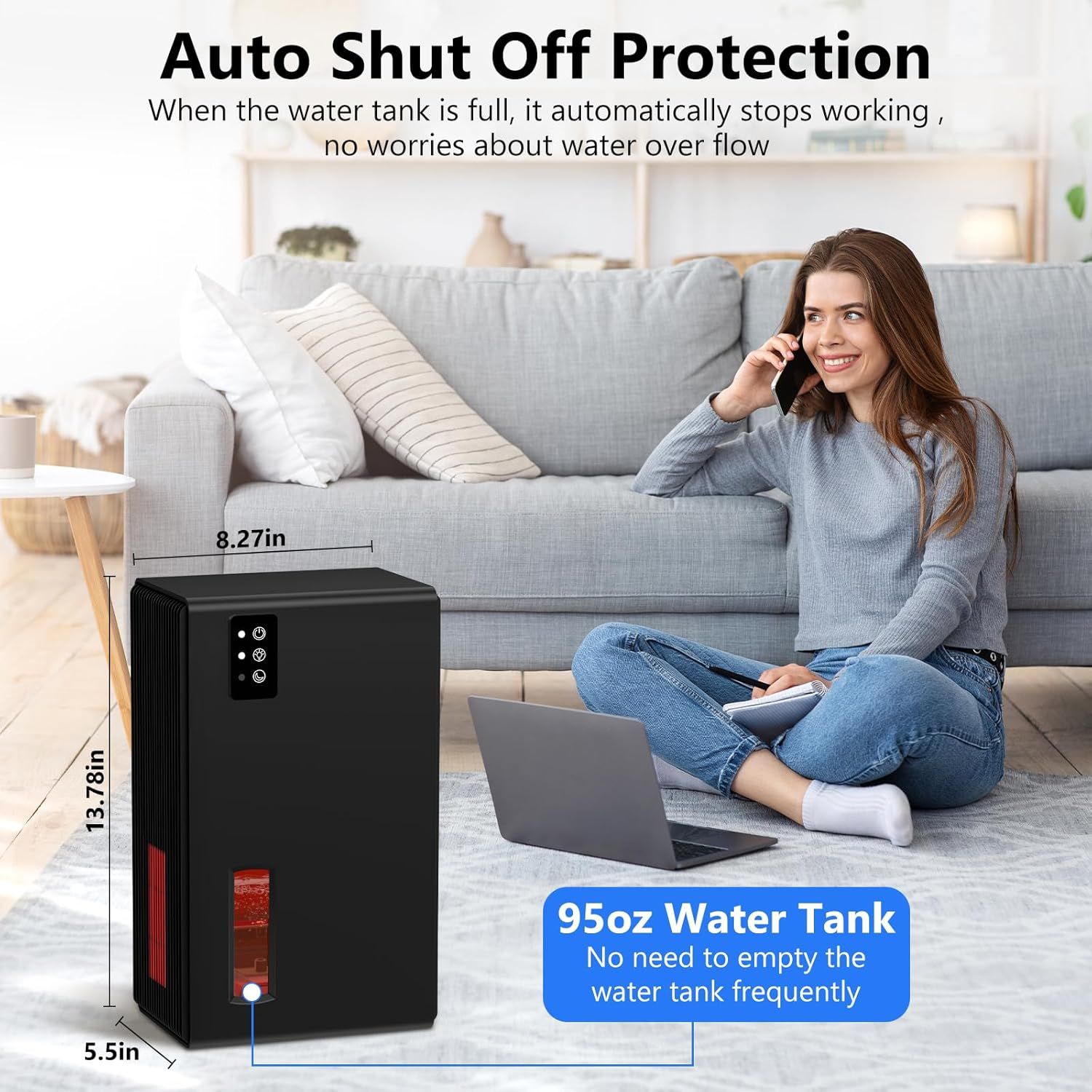 Highlights the large 95oz water tank capacity to reassure shoppers they won't need to refill frequently, emphasizing convenience and low maintenance. Shows…