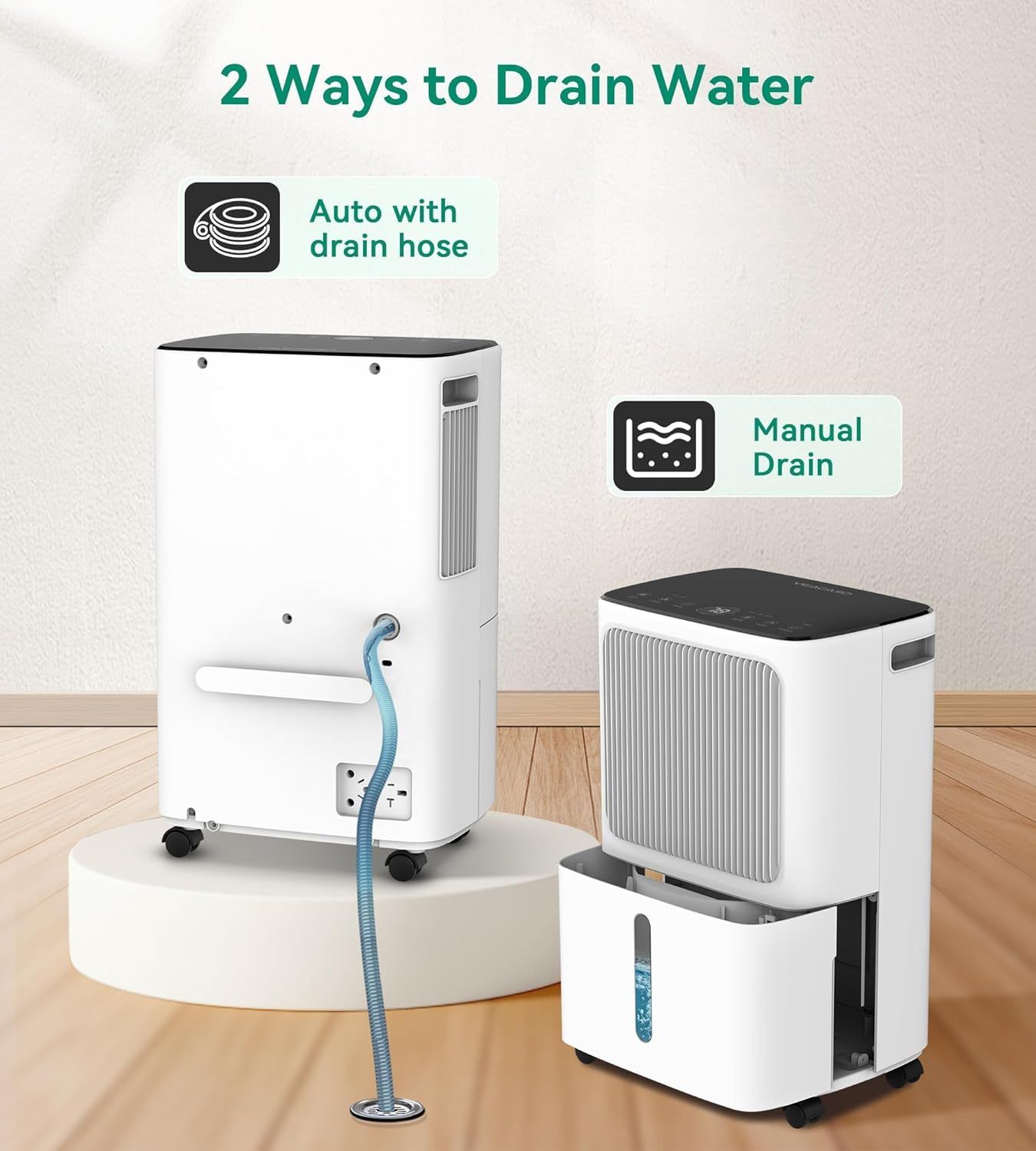 Explains the two methods available for draining water from the dehumidifier—automatic with drain hose or manual drain—to help shoppers understand setup…