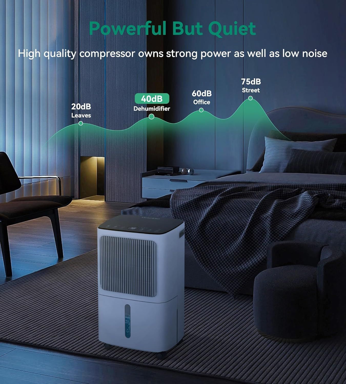 Communicates the dehumidifier's low noise output across different operating modes (20dB-75dB) to reassure shoppers that the product is powerful yet quiet…