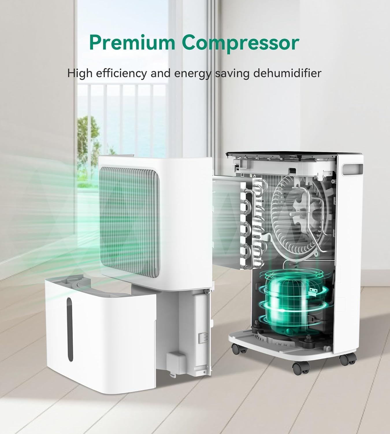 This image reveals the internal structure and key components of the dehumidifier, highlighting the premium compressor technology and energy-efficient design…