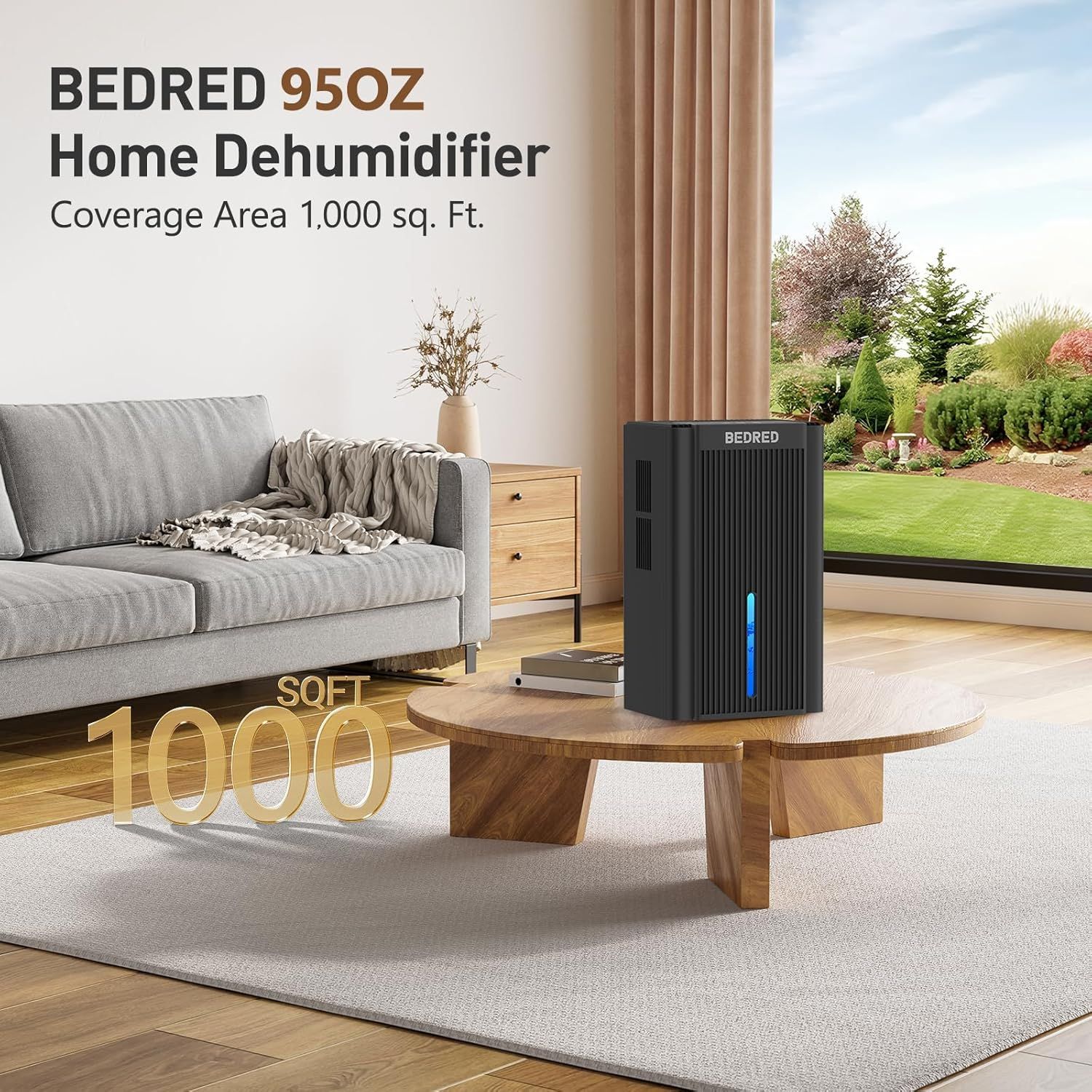 Communicates the dehumidifier's coverage capacity to help shoppers understand the size of space it can effectively serve. Shows the product in a real-world…