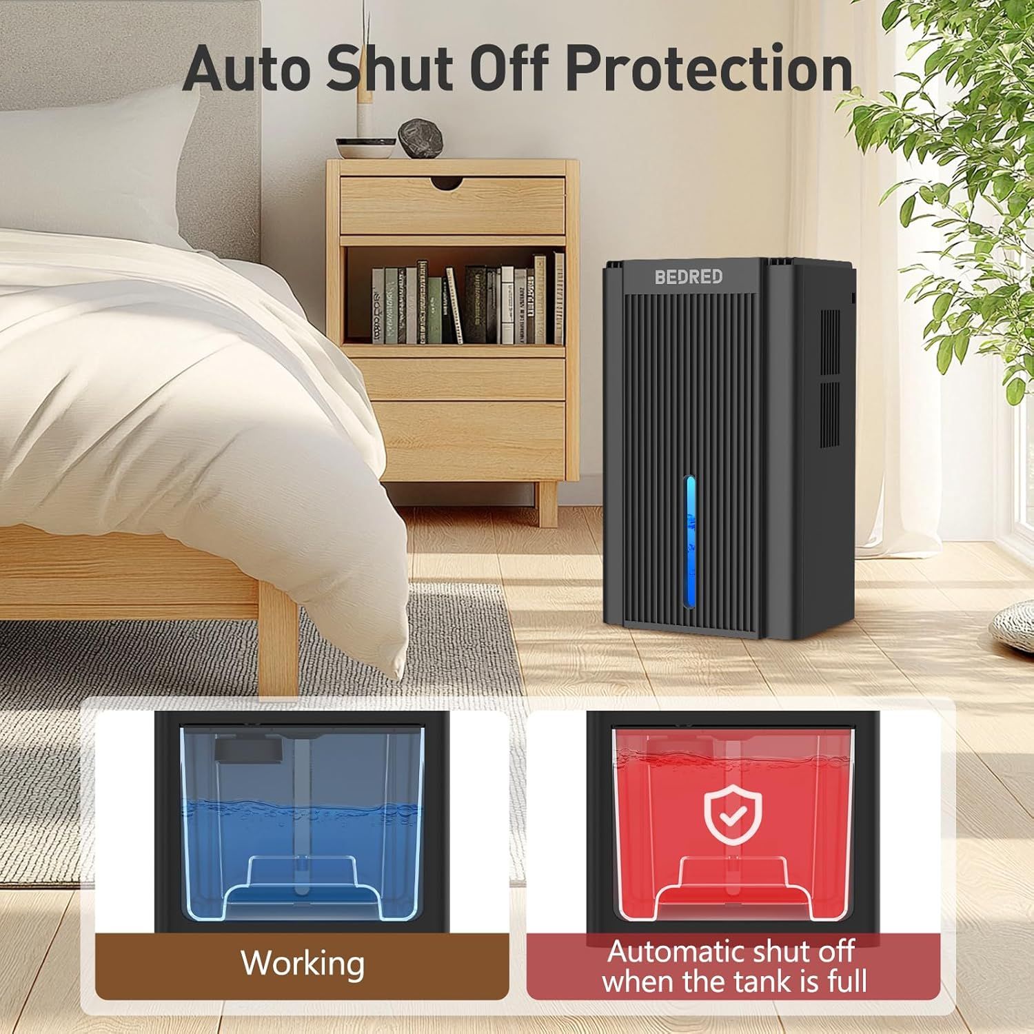 Communicates the safety feature of automatic shut-off when the tank is full, reassuring shoppers that the humidifier/dehumidifier prevents overflow and…
