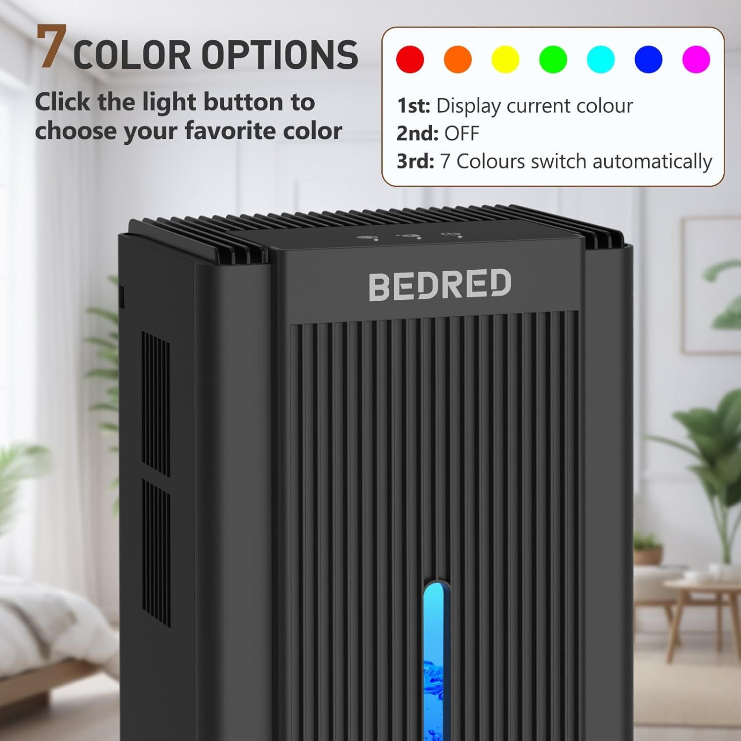 Highlights the product's customizable 7-color lighting feature and explains how to use the button controls to select colors, reassuring shoppers of…