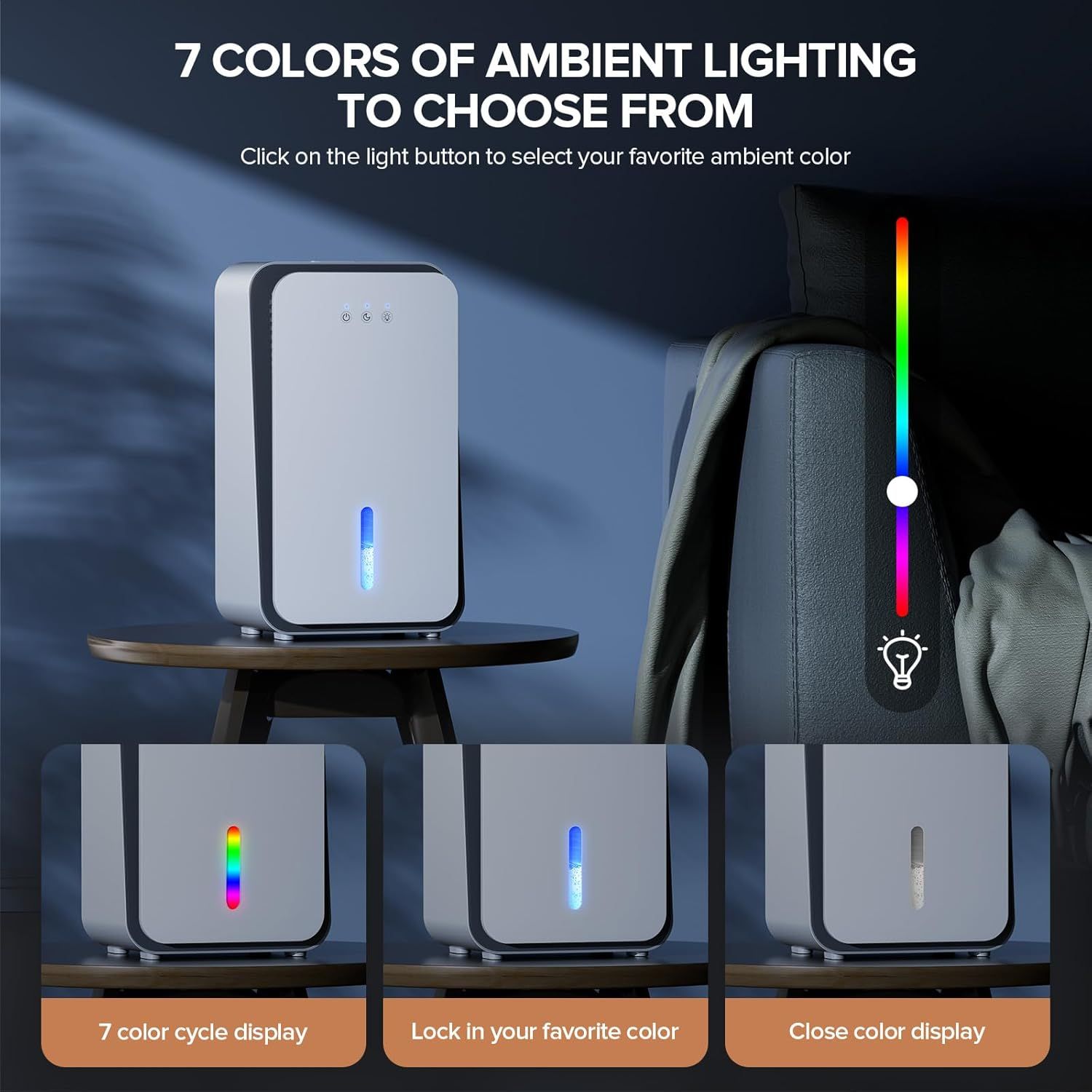 Explains how to select and customize the ambient lighting colors on the product by clicking the light button, showing the three modes: color cycle, lock…