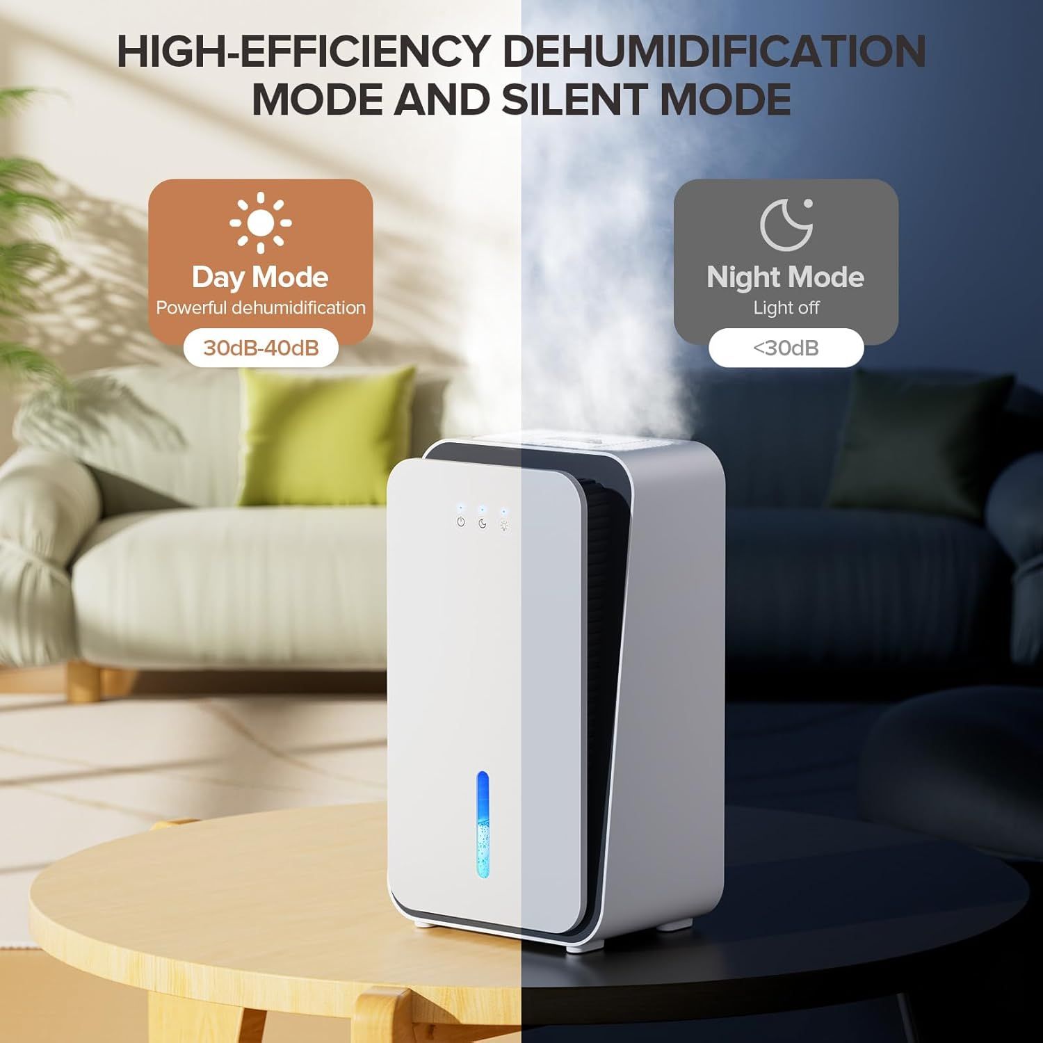 Communicates that the dehumidifier offers two distinct operating modes—a powerful day mode for high-efficiency dehumidification and a quiet night mode for…