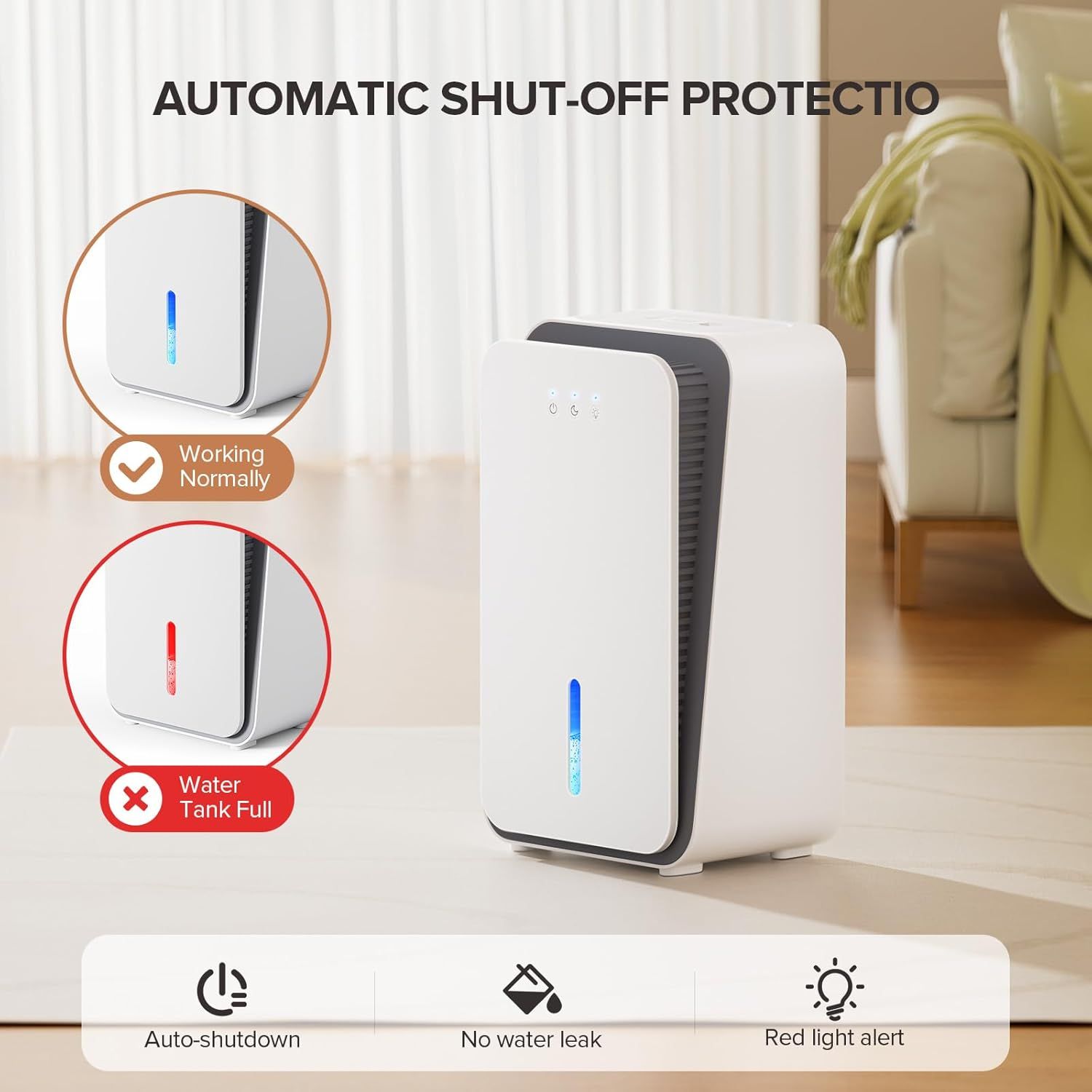 Communicates the safety feature of automatic shut-off when the water tank is full, reassuring shoppers that the dehumidifier prevents overflow and operates…