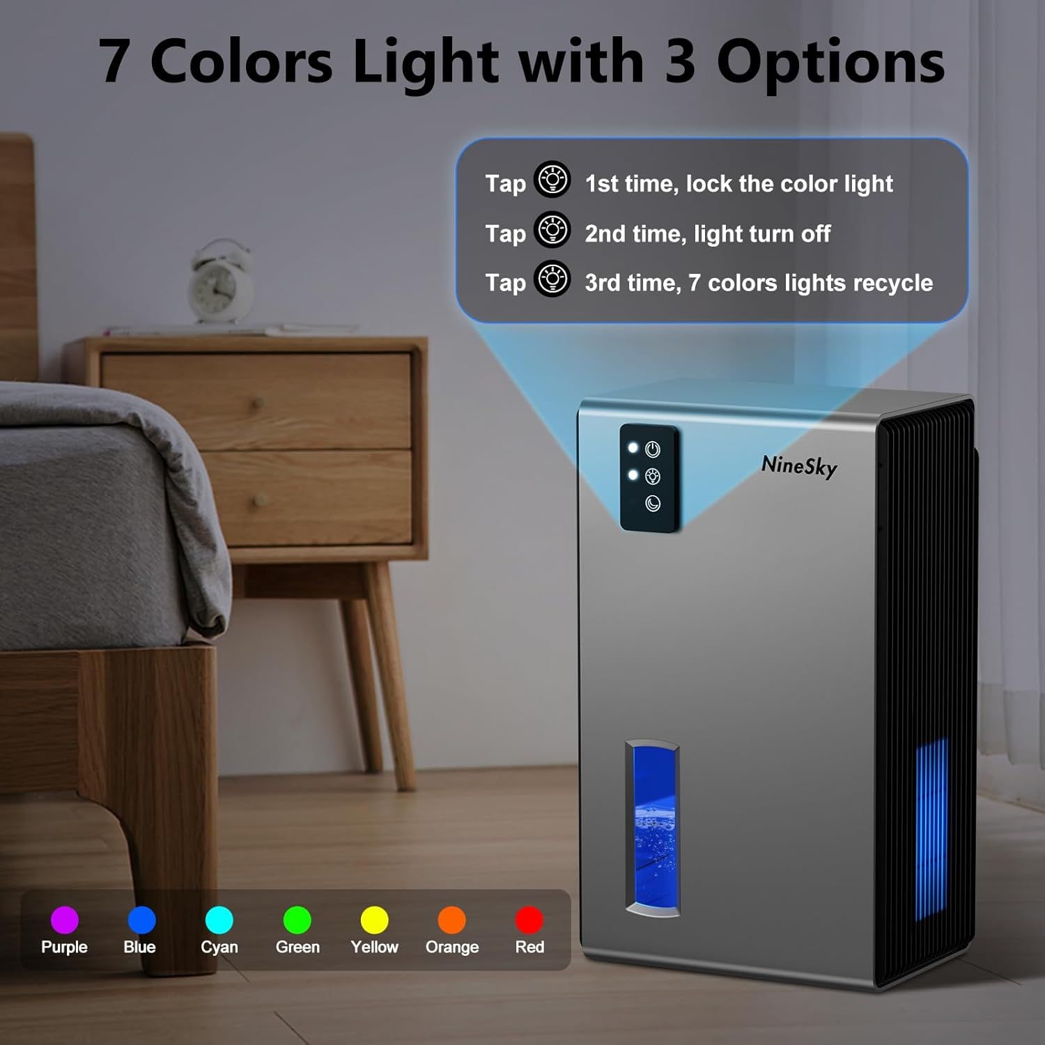 Explains how to operate the color lighting feature through a simple 3-step tap control system, helping shoppers understand the product's ease of use and…