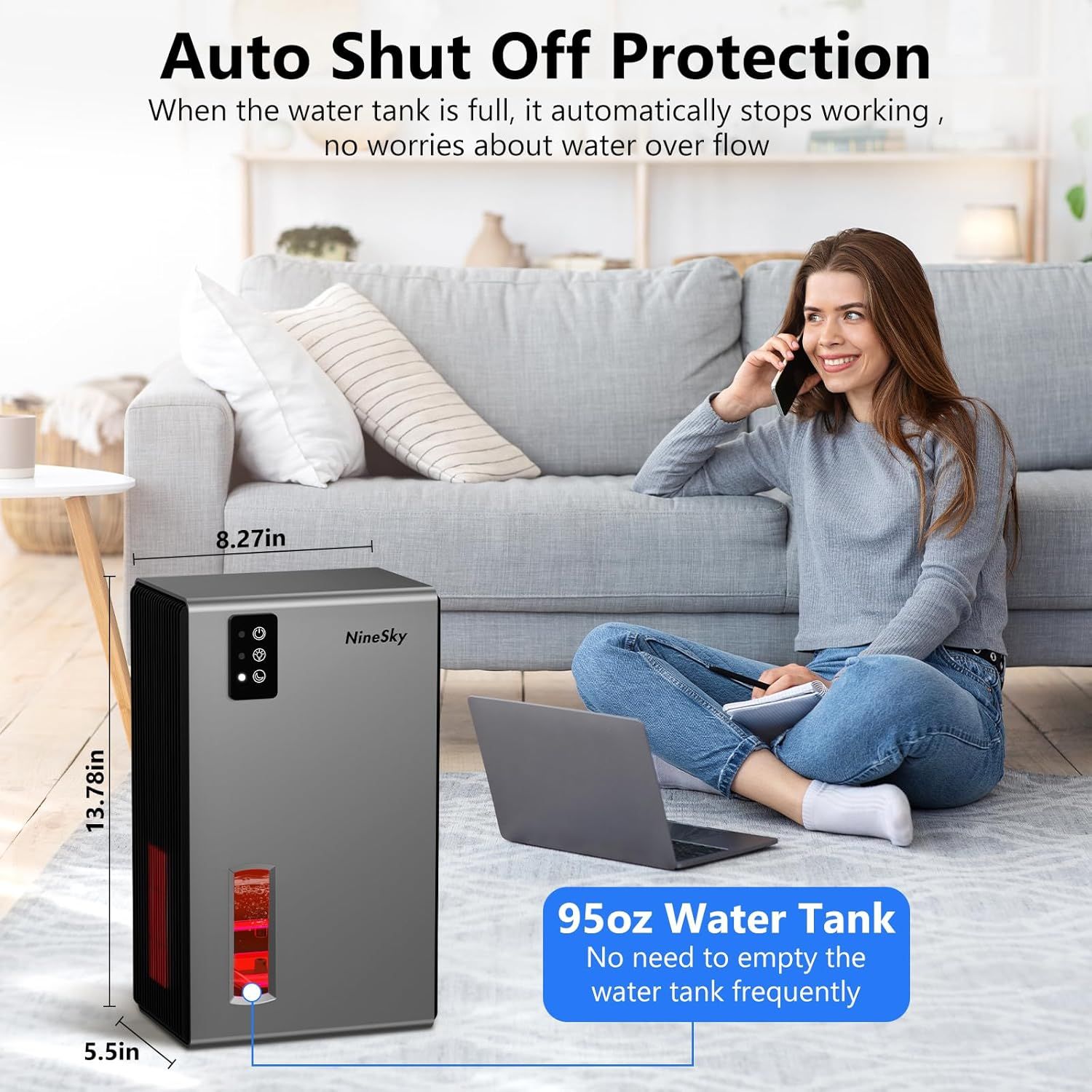 Communicates multiple key benefits including automatic overflow protection, large water tank capacity, and product dimensions to reassure shoppers about…