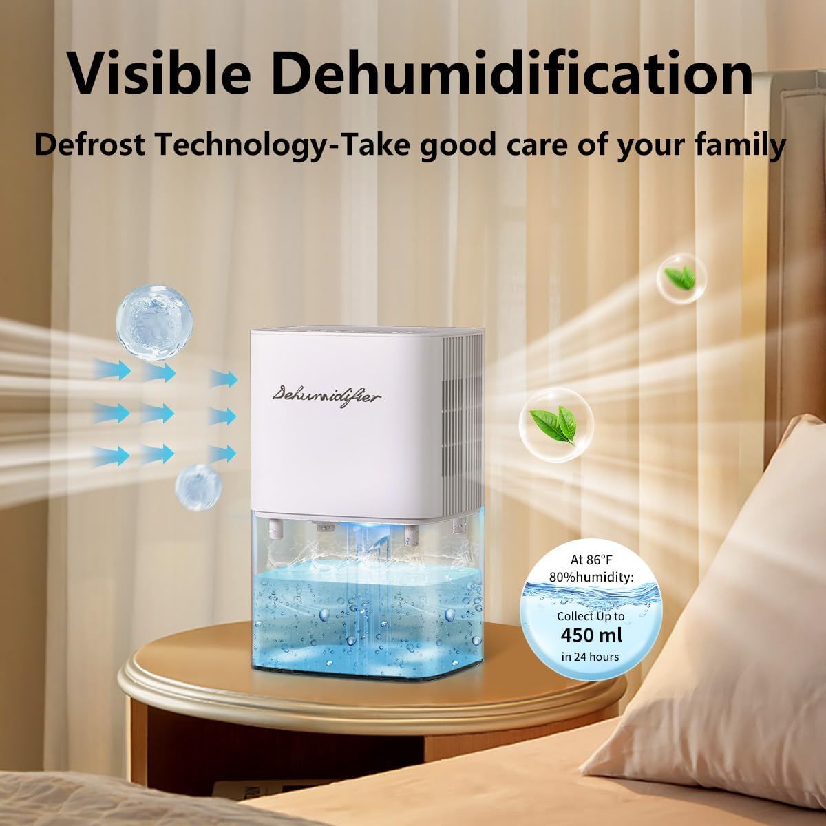 Communicates multiple key benefits of the dehumidifier including visible operation, defrost technology for family care, and impressive moisture collection…