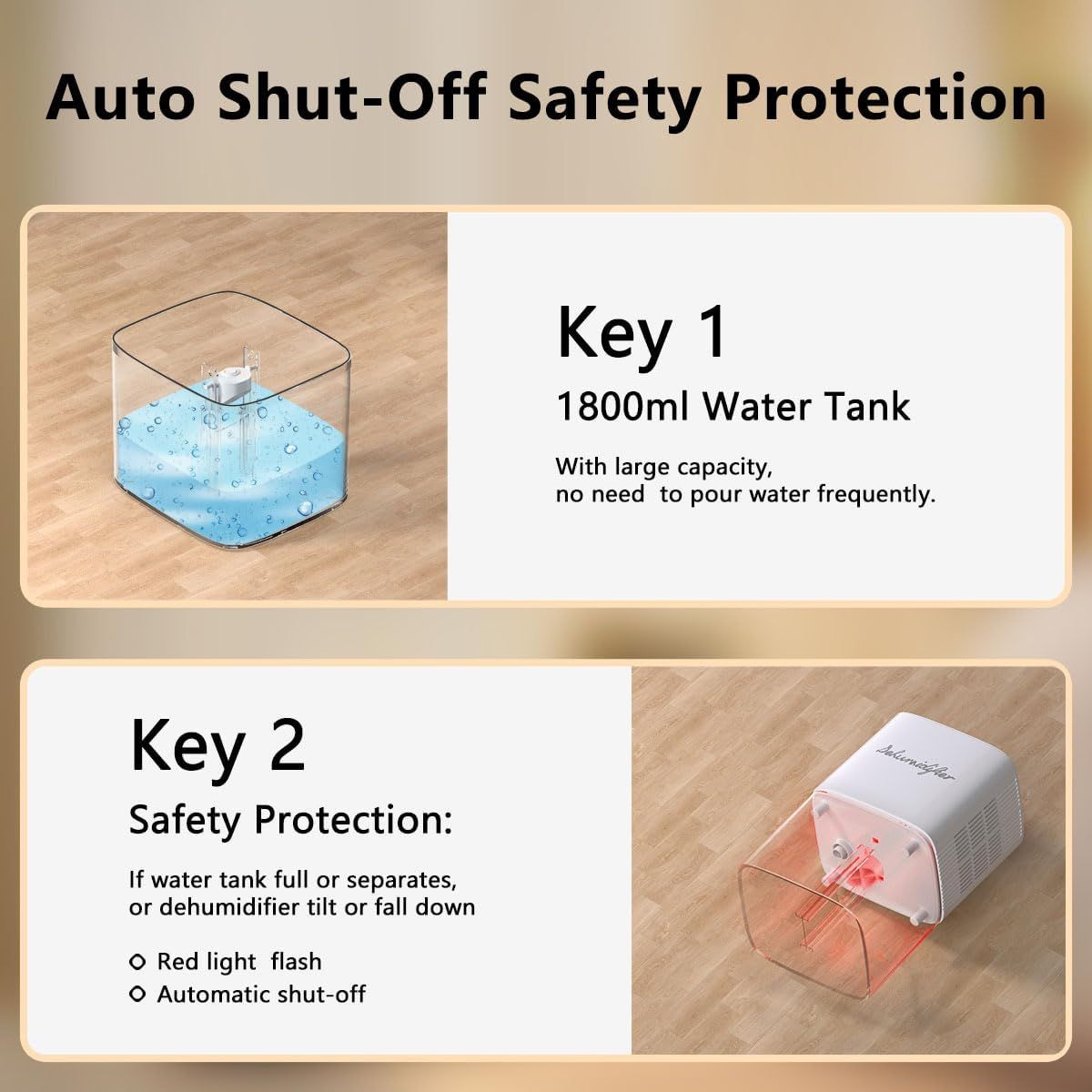 Communicates two distinct product benefits: the large water tank capacity that reduces refill frequency, and the safety protection feature that automatically…