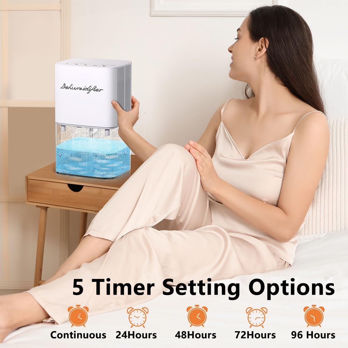 Highlights the dehumidifier's flexible timer functionality with 5 different setting options, reassuring shoppers they can customize operation schedules for…