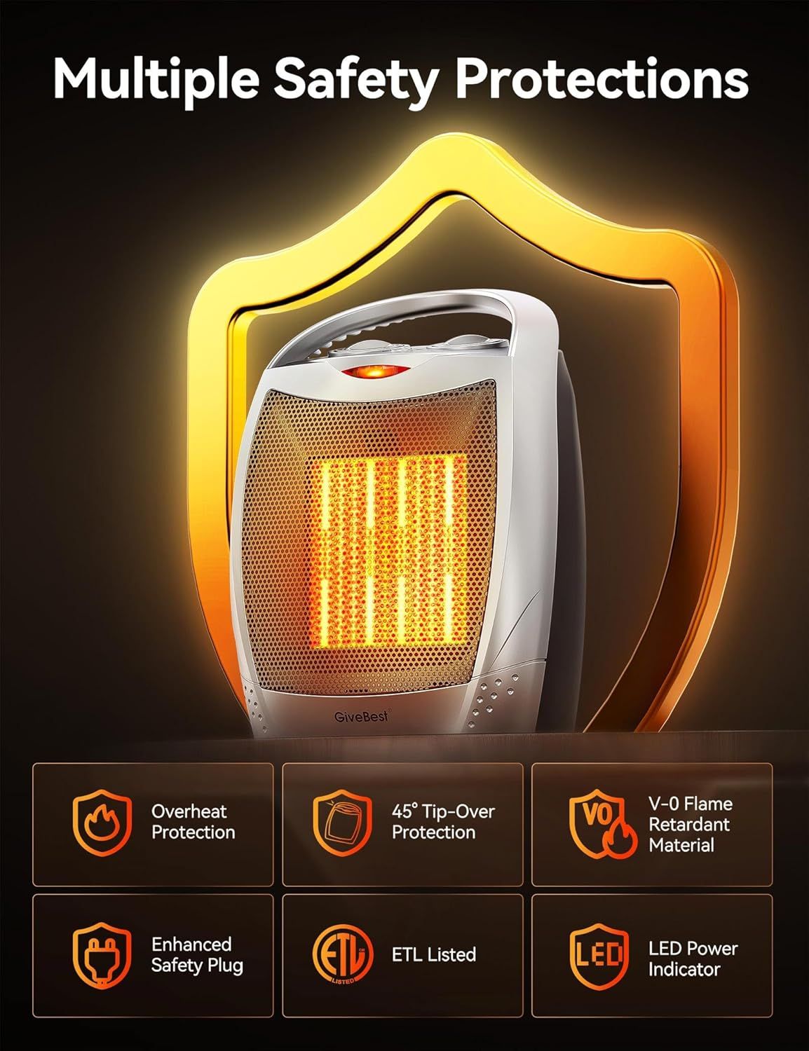Communicates the comprehensive safety features of the heater to reassure shoppers that the product is safe to use in their homes, with multiple layers of protection against common heating hazards.…
