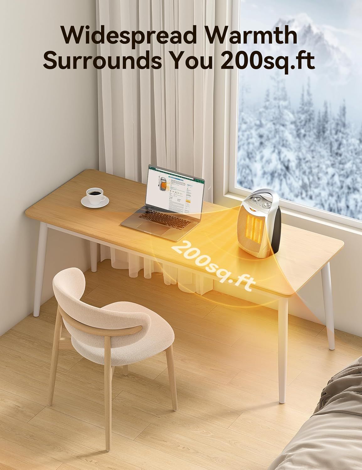 Communicates the heater's coverage capacity of 200 square feet to help shoppers understand if it will adequately heat their intended space. Demonstrates the…