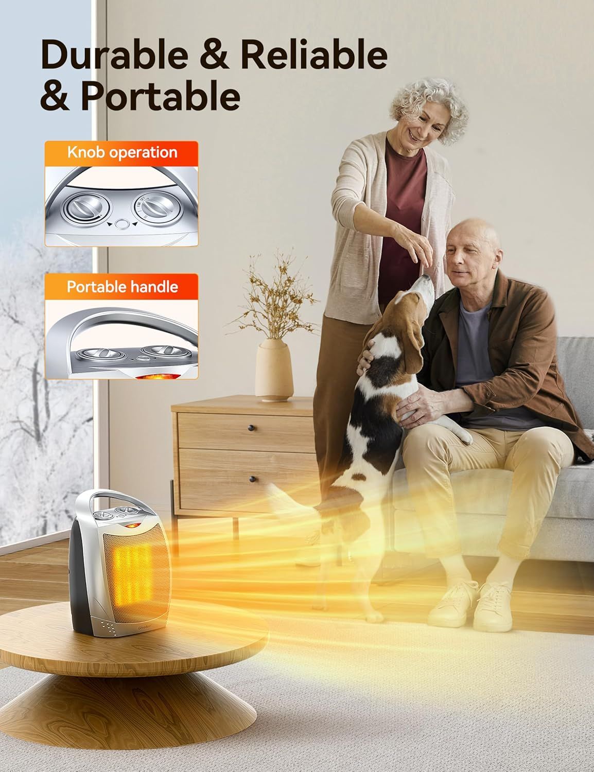 Communicates multiple key benefits of the portable heater including ease of use via knob controls, portability through the handle design, and overall…
