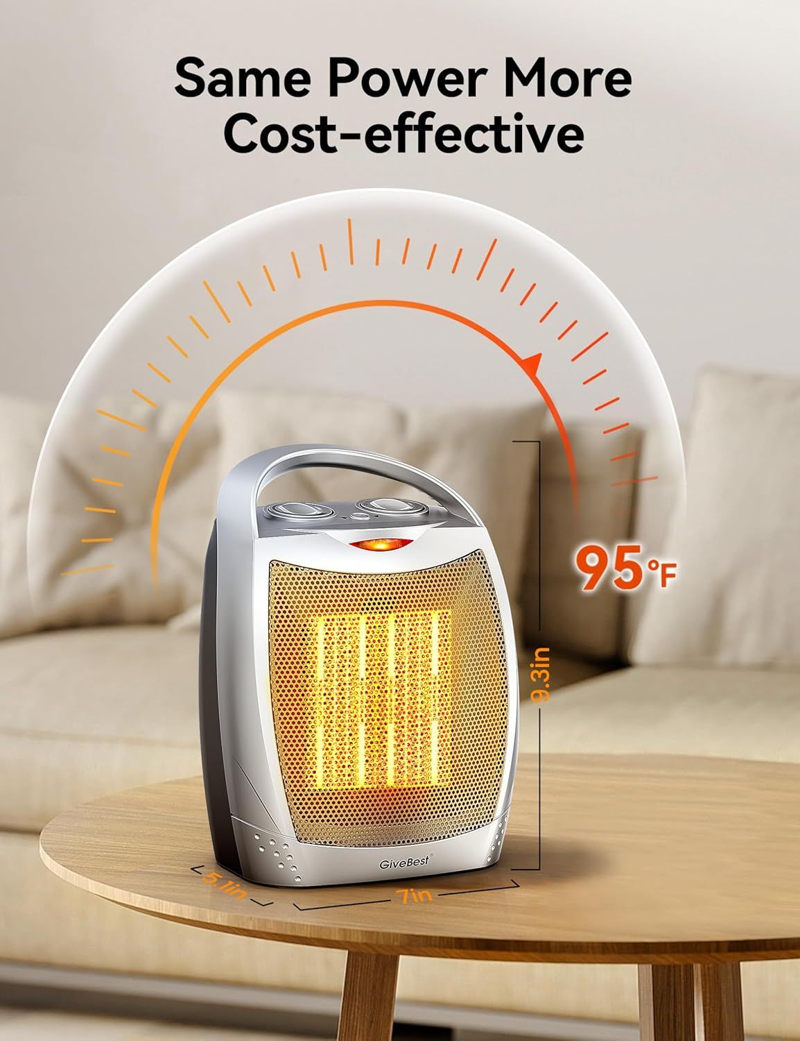 Communicates the physical dimensions of the space heater (9.6in height x 7in width) to help shoppers understand its compact footprint and portability.…