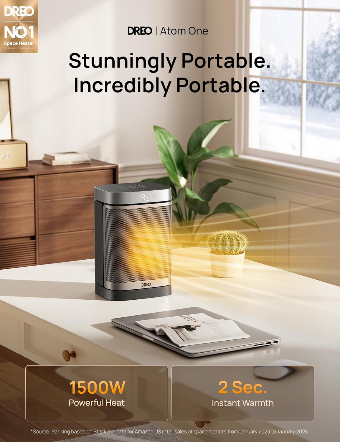 Communicates multiple key benefits of the space heater: its portable design, powerful heating capability, and fast warmth delivery to reassure shoppers of its…