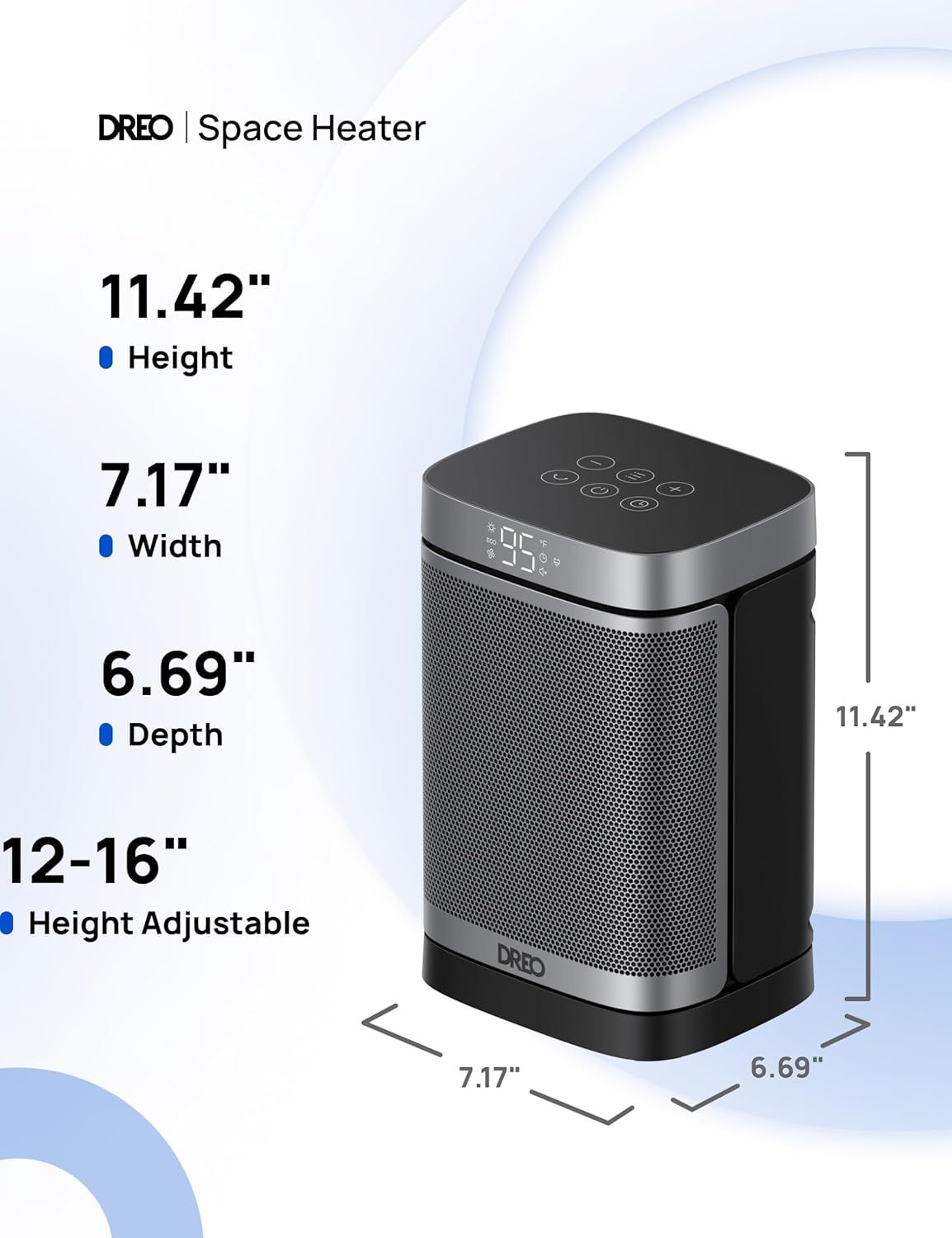 Communicates the exact physical dimensions of the space heater to help shoppers understand its size and footprint, and highlights that the height is adjustable.