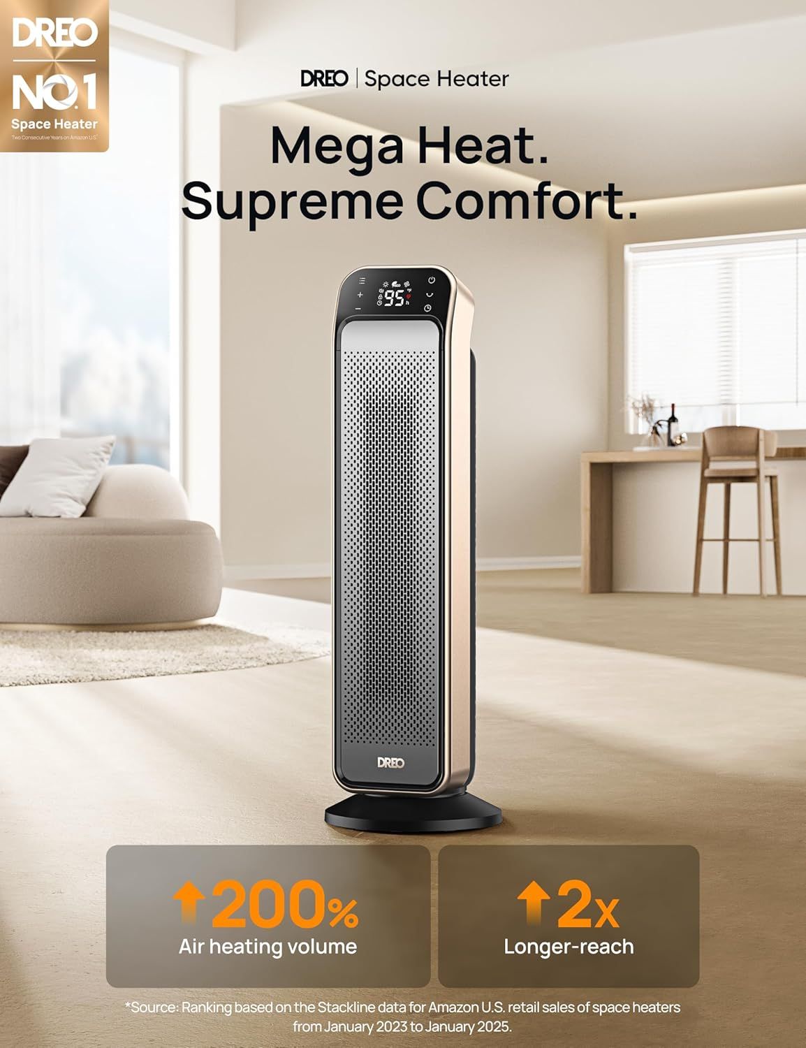 Communicates the space heater's superior heating performance through two distinct quantifiable benefits: doubled air heating volume and extended reach…