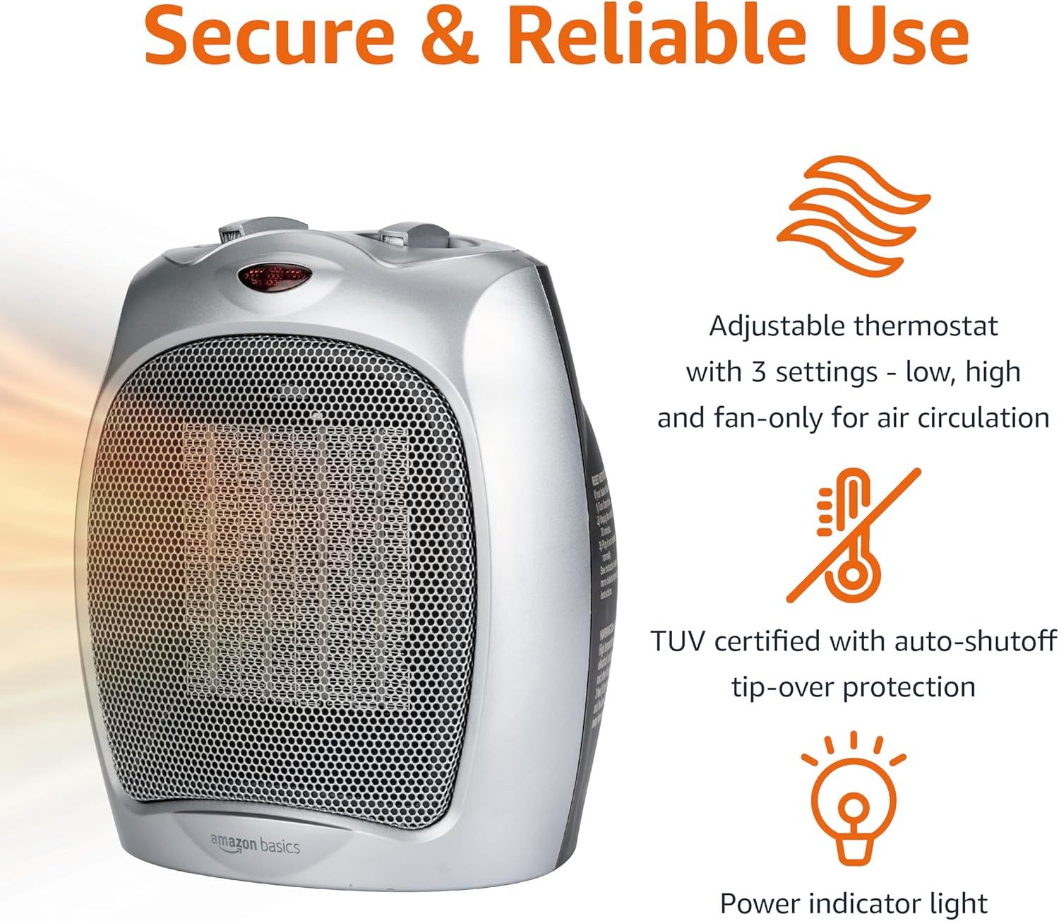 Communicates multiple safety and usability features of the space heater to reassure shoppers about its reliability, safety certifications, and convenient…