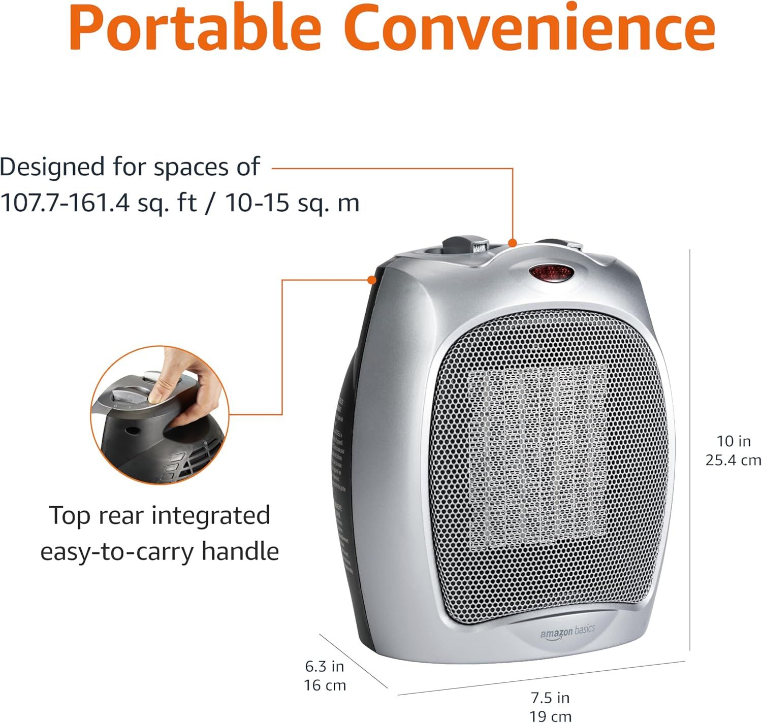 Communicates the physical size of the heater and the room coverage it's designed for, helping shoppers understand if it fits their space needs. Highlights the…