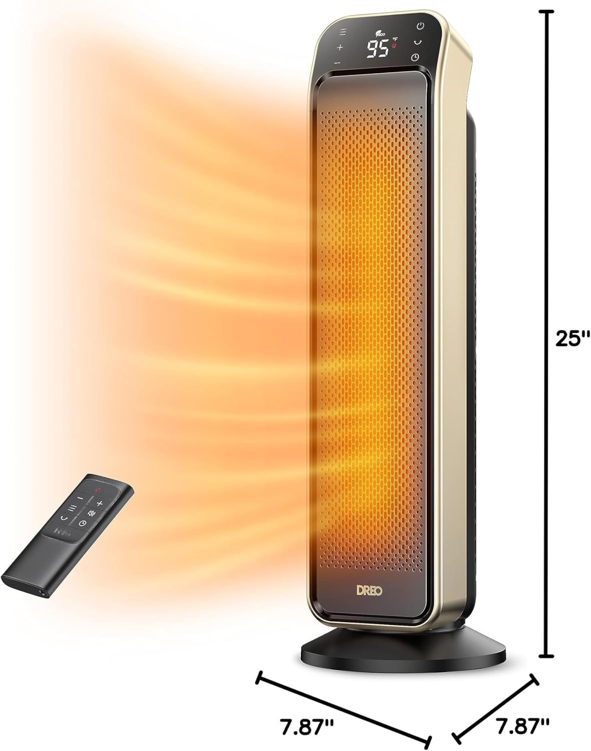 Communicates the exact physical size of the heater (25 inches tall, 7.87 inches base) to help shoppers understand if it will fit their space and assess its footprint. Shows that the purchase…