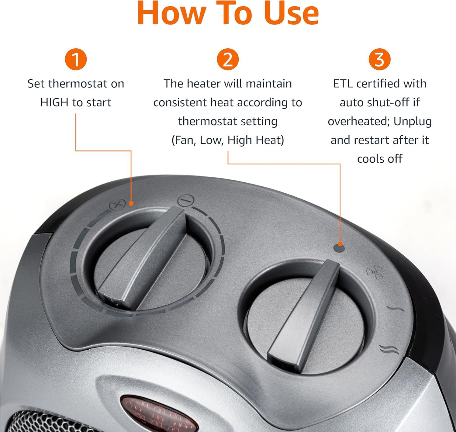 Explains how to operate the heater by showing the three-step setup process: setting the thermostat, understanding heat maintenance, and highlighting the auto shut-off safety feature. Reassures…