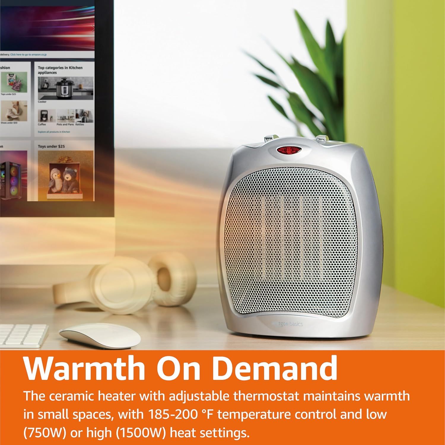 Communicates the heater's precise temperature control (185-200°F) and dual wattage settings (750W/1500W) to reassure shoppers of its adjustable heating…