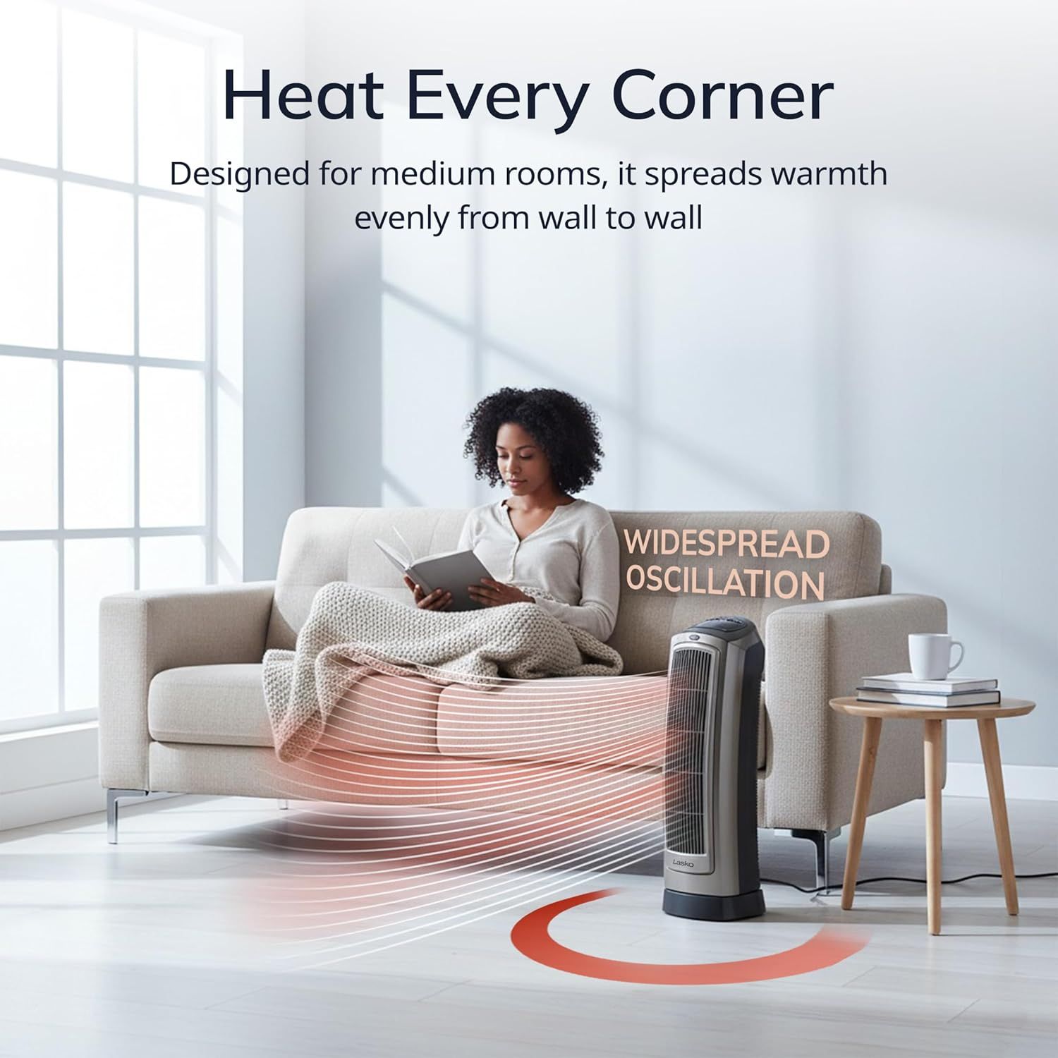 Demonstrates the heater's ability to spread warmth evenly throughout medium-sized rooms using widespread oscillation technology, reassuring shoppers of…