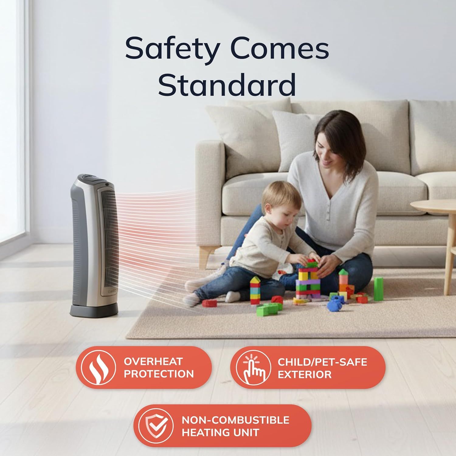 Communicates that the heating product is designed with multiple safety features to protect families, children, and pets from burns and fire hazards. Highlights three distinct safety benefits in a…
