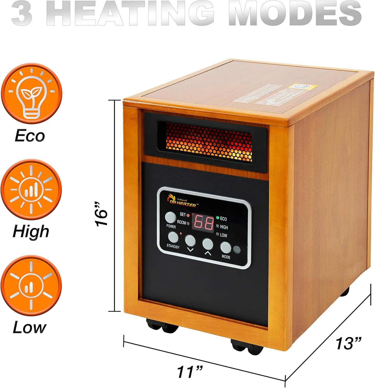 Communicates the physical dimensions of the heater (16" x 11" x 13") to help shoppers understand its size and footprint for space planning. Highlights the…
