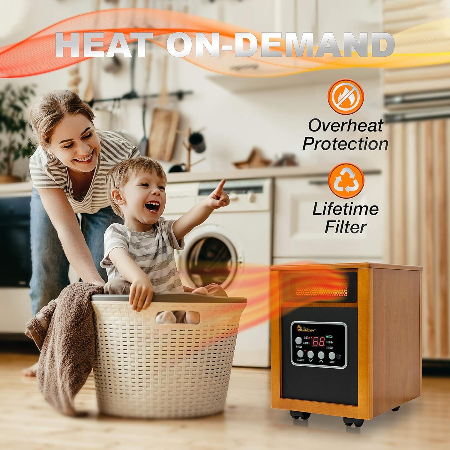 Communicates multiple key benefits of the heater including on-demand heating capability, safety features, and long-lasting filter to reassure shoppers about…