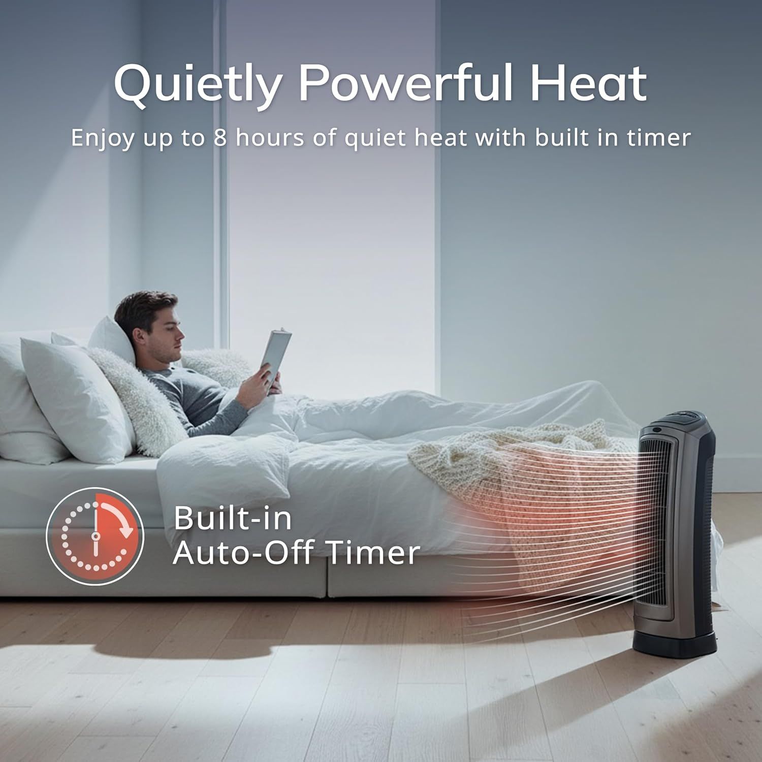 Communicates that the heater provides powerful yet quiet heating with a built-in timer feature, reassuring shoppers about convenience and peaceful operation…