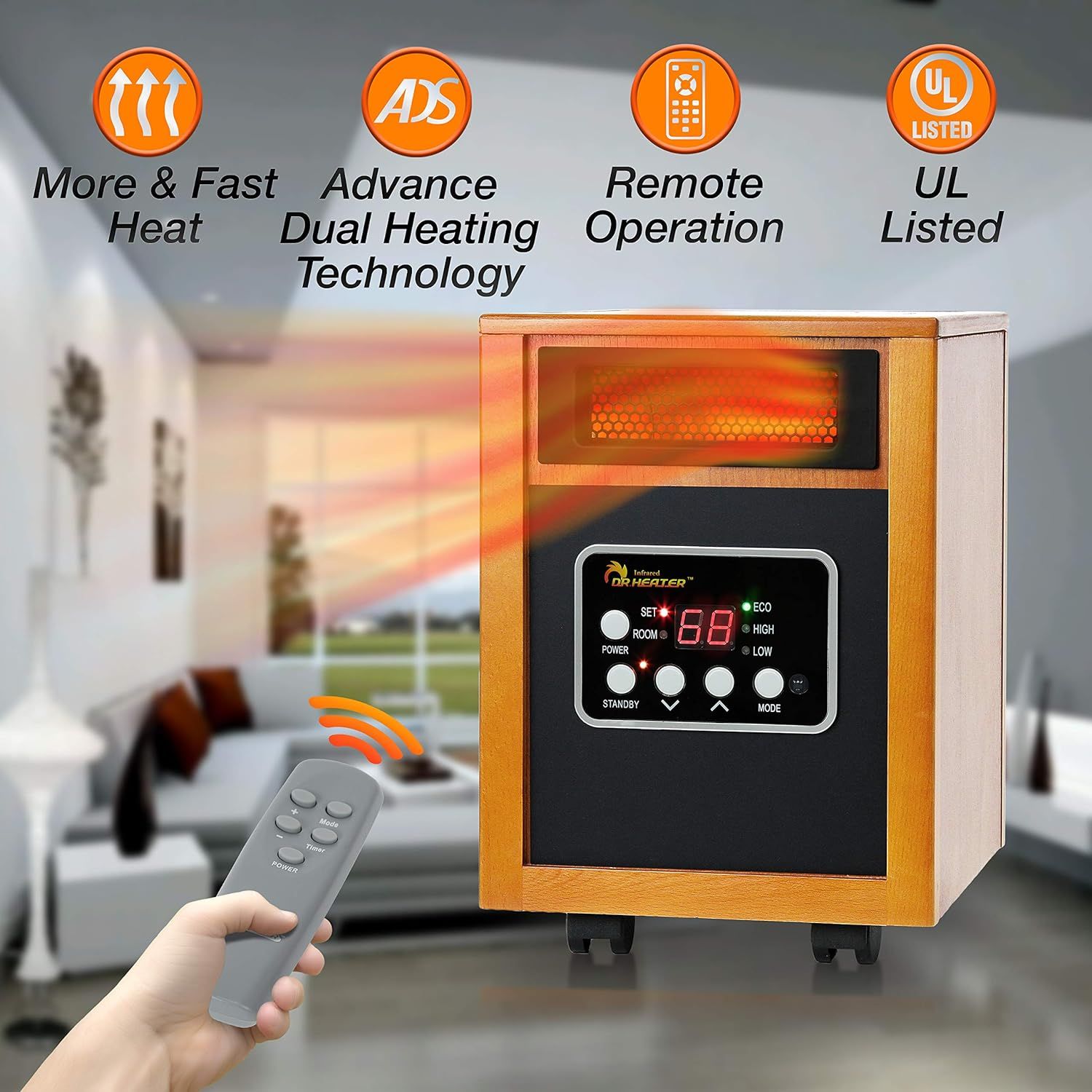 Communicates multiple key selling benefits of the heater in a segmented layout to reassure shoppers about heating performance, advanced technology,…