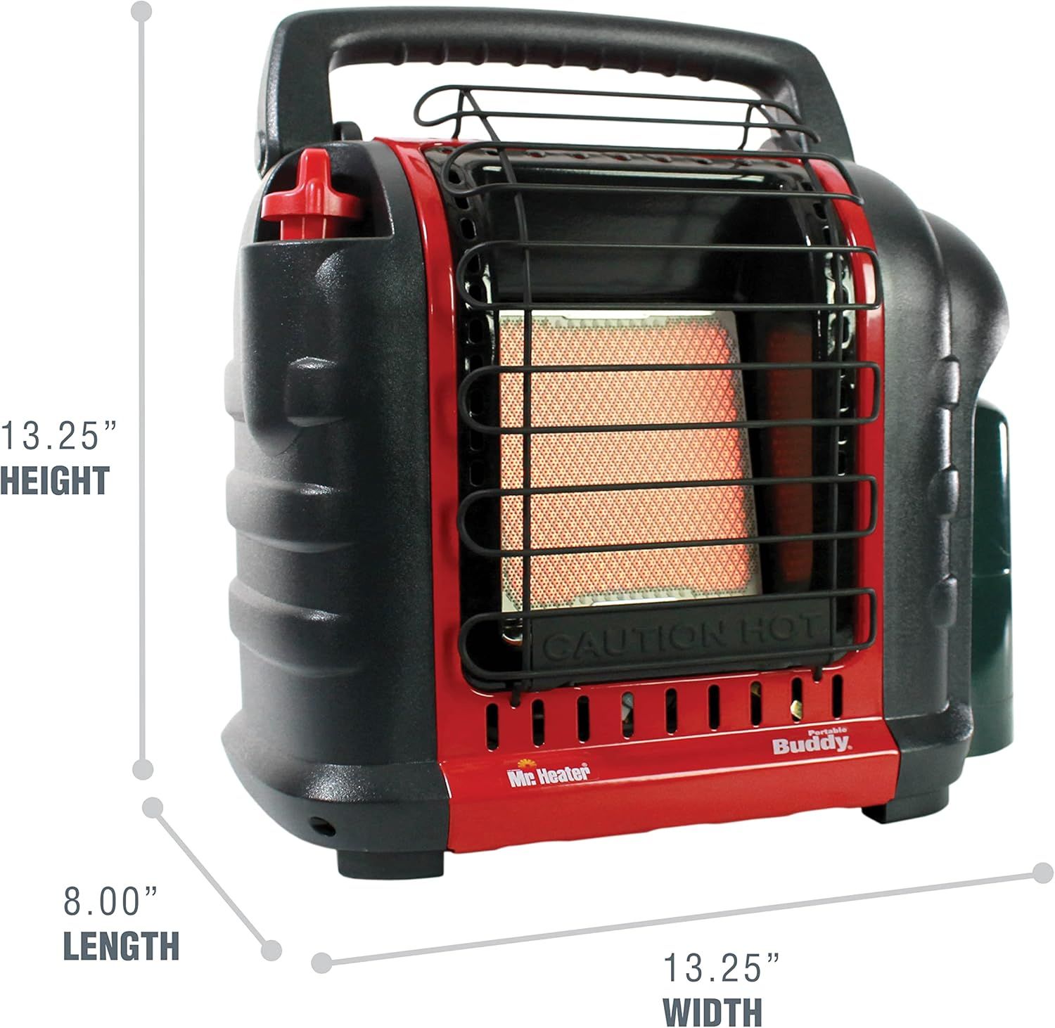 Communicates the exact physical dimensions of the portable heater (13.25" height, 8.00" length, 13.25" width) to help shoppers understand its size and…