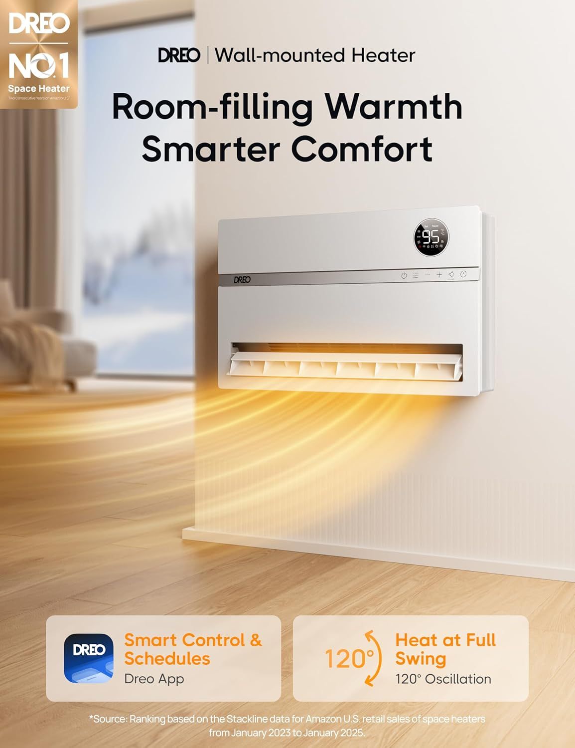 Communicates multiple key benefits of the wall-mounted heater: smart app control with scheduling capability and wide-angle heat distribution through…