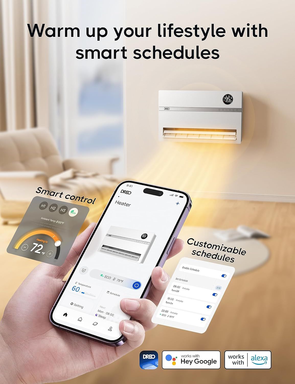 Communicates multiple smart features of the heater including customizable scheduling, smartphone app control, and compatibility with Google and Alexa voice…