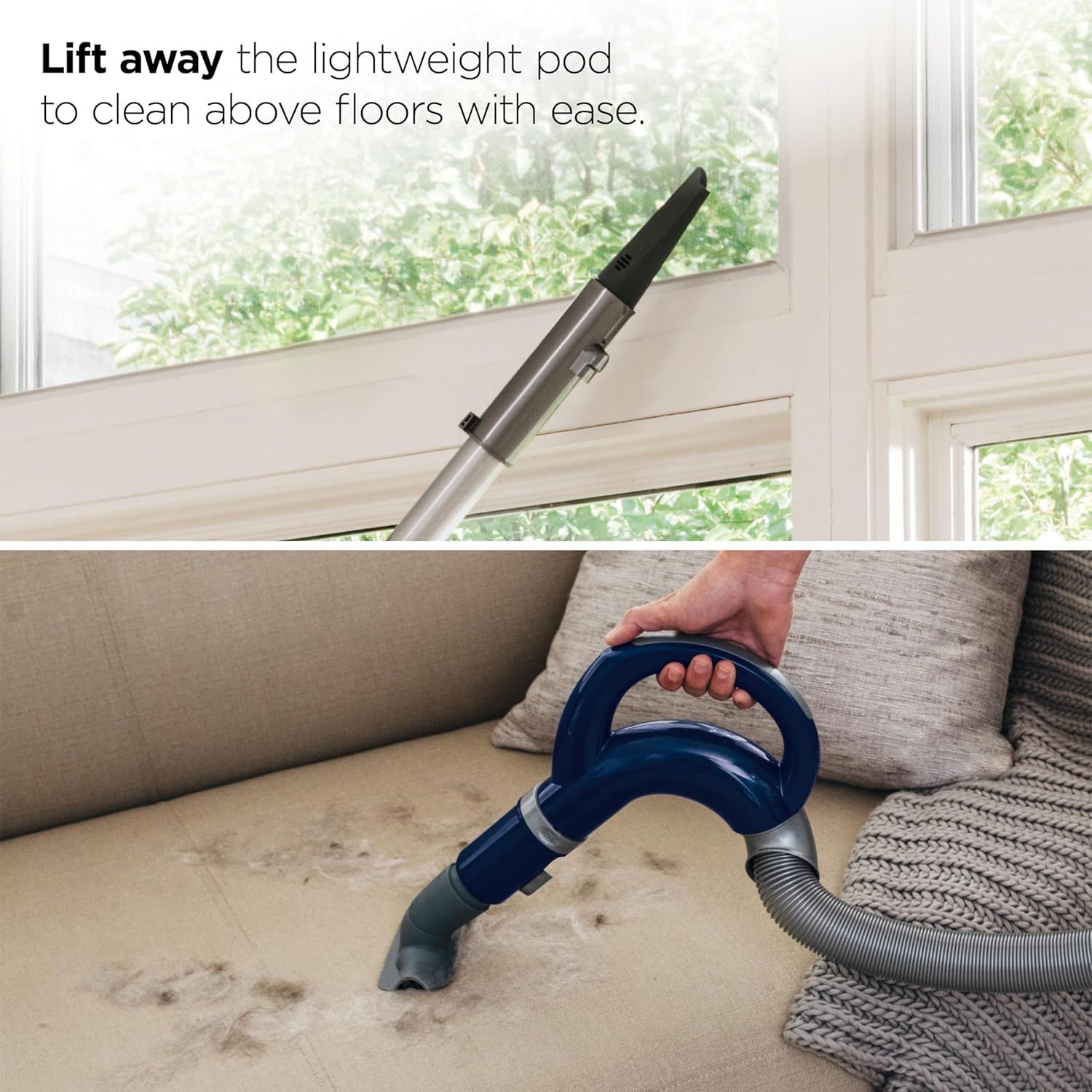 Demonstrates the product's versatility by showing it can clean multiple surfaces and areas, including above-floor spaces like ceilings and furniture like…