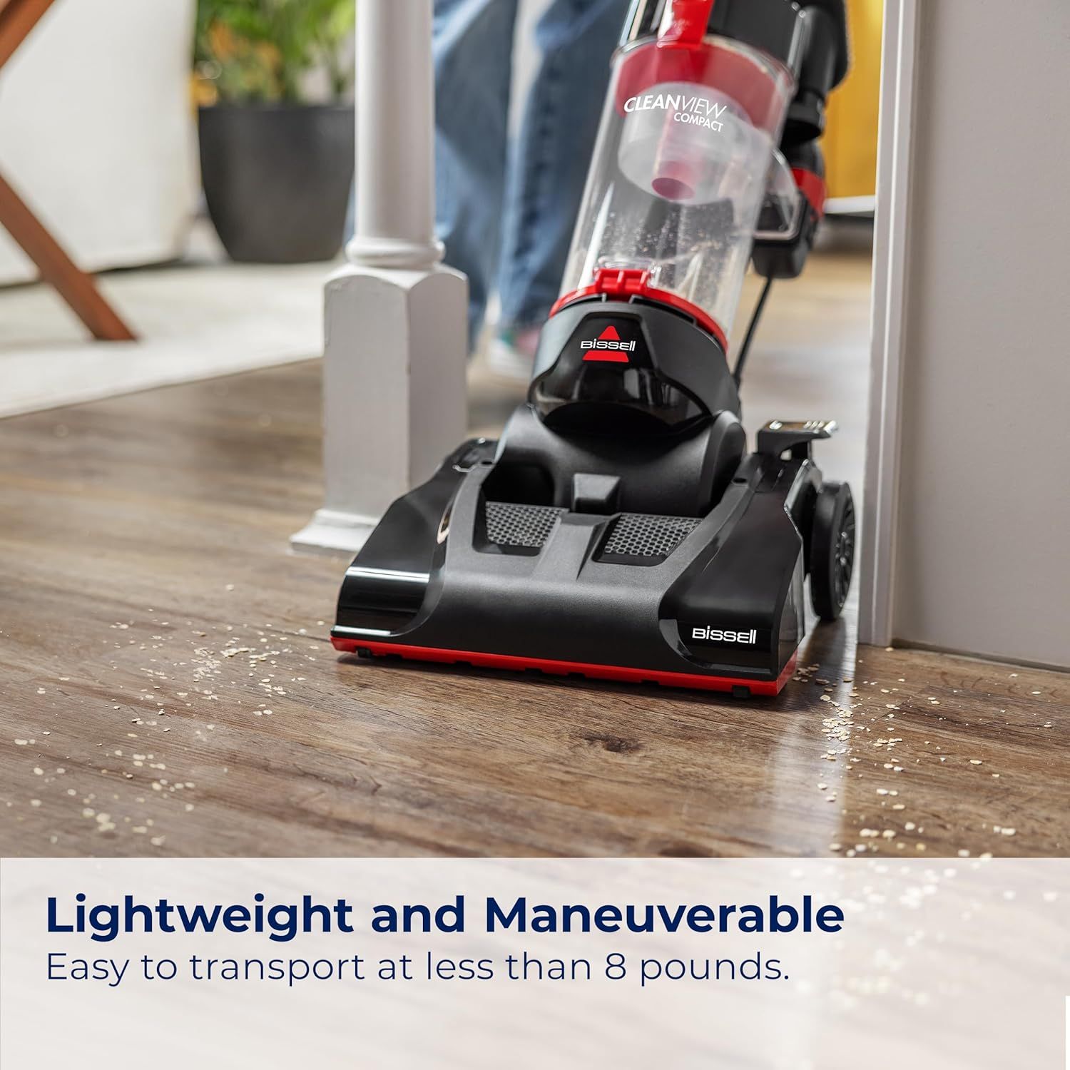 Communicates that the vacuum weighs less than 8 pounds, making it easy to transport and maneuver, reassuring shoppers about ease of use and portability.…