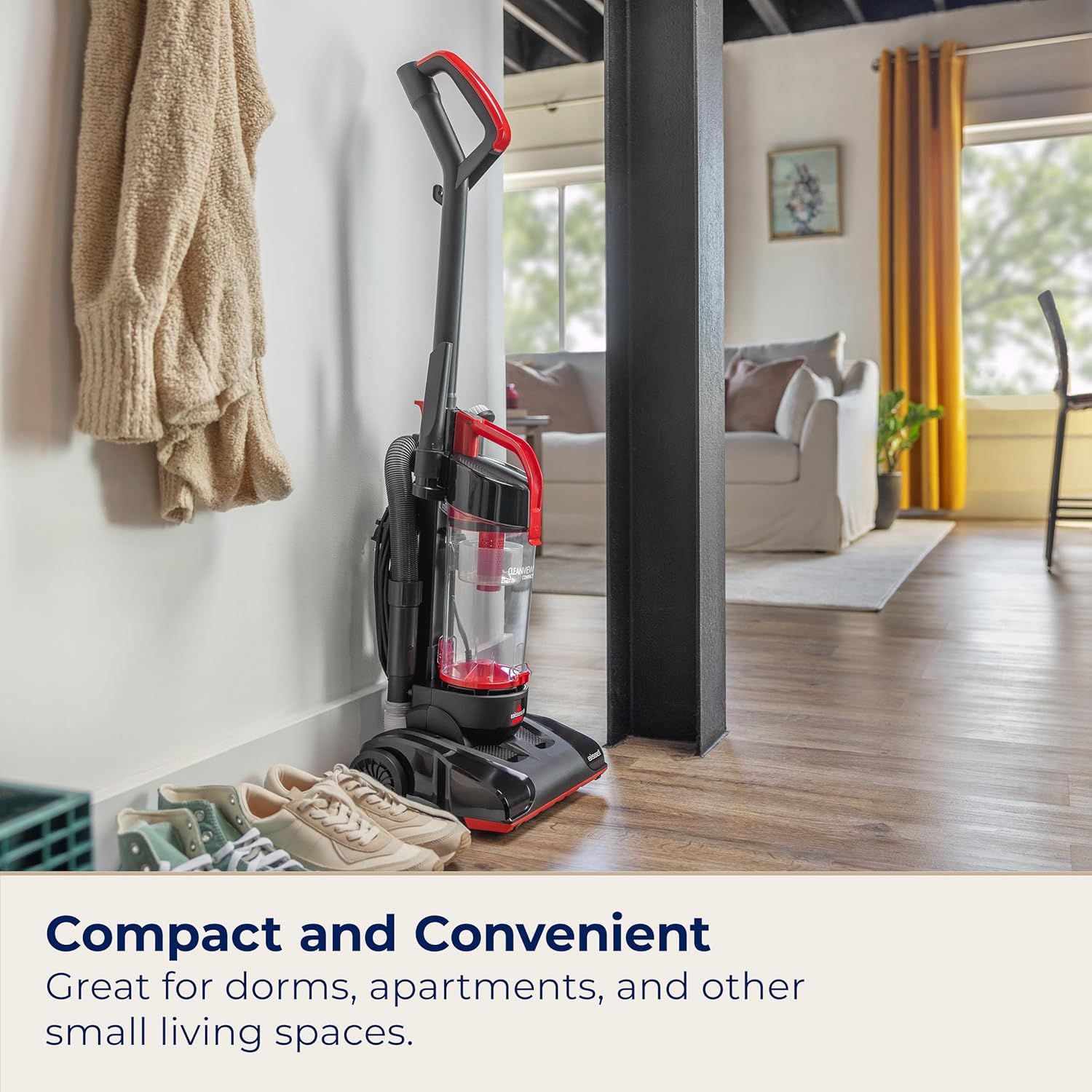 Demonstrates the vacuum's compact size and convenient storage capability in real-world home settings, reassuring shoppers it fits well in small living spaces…