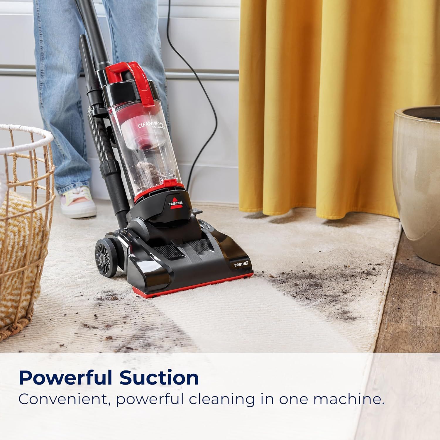 Communicates the vacuum's powerful suction capability to reassure shoppers that it delivers effective, convenient cleaning performance in one machine.