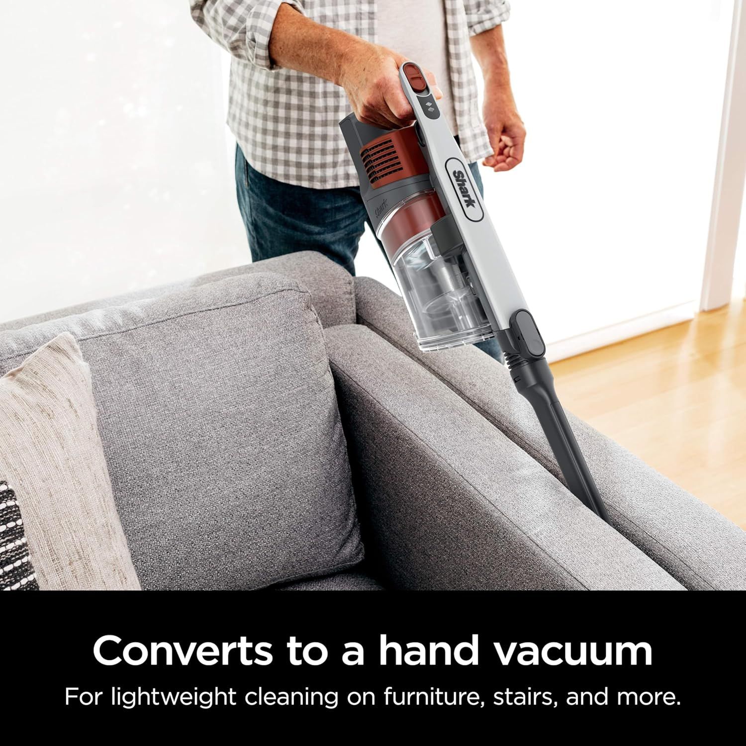 Highlights the product's convertibility feature, showing it can transform into a handheld vacuum for lightweight cleaning on furniture, stairs, and other…