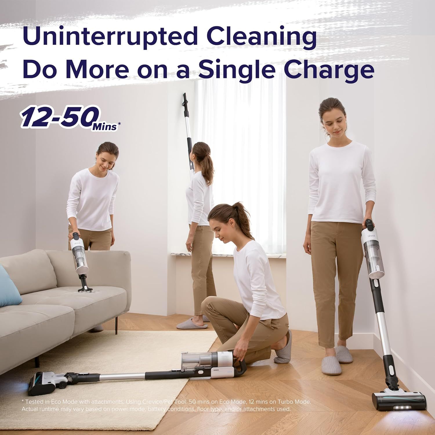 Communicates the long battery life of 12-50 minutes on a single charge, reassuring shoppers they can clean extensively without interruption. Demonstrates the…