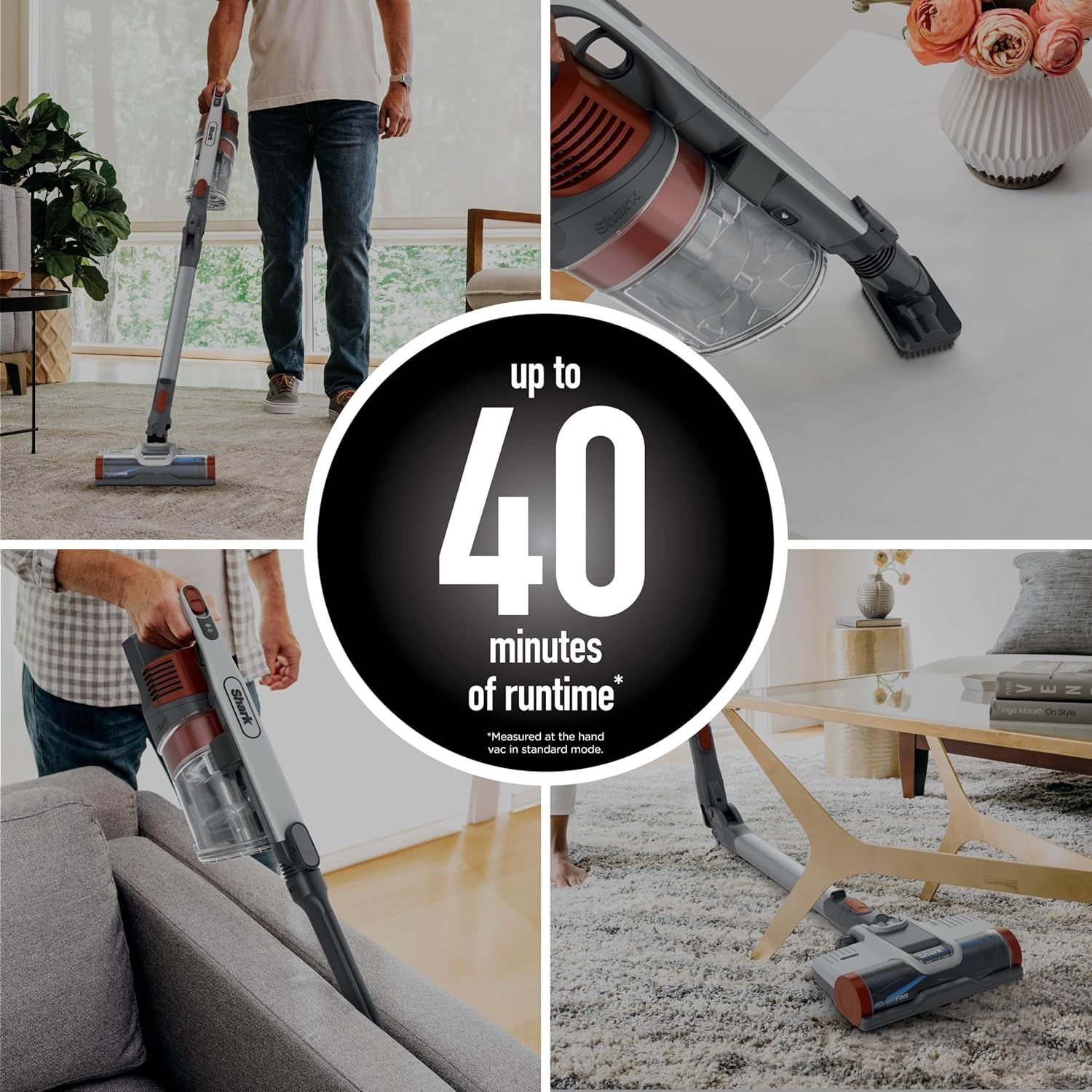 Communicates the vacuum's battery life performance to reassure shoppers they can clean for extended periods without recharging. Demonstrates the vacuum's…
