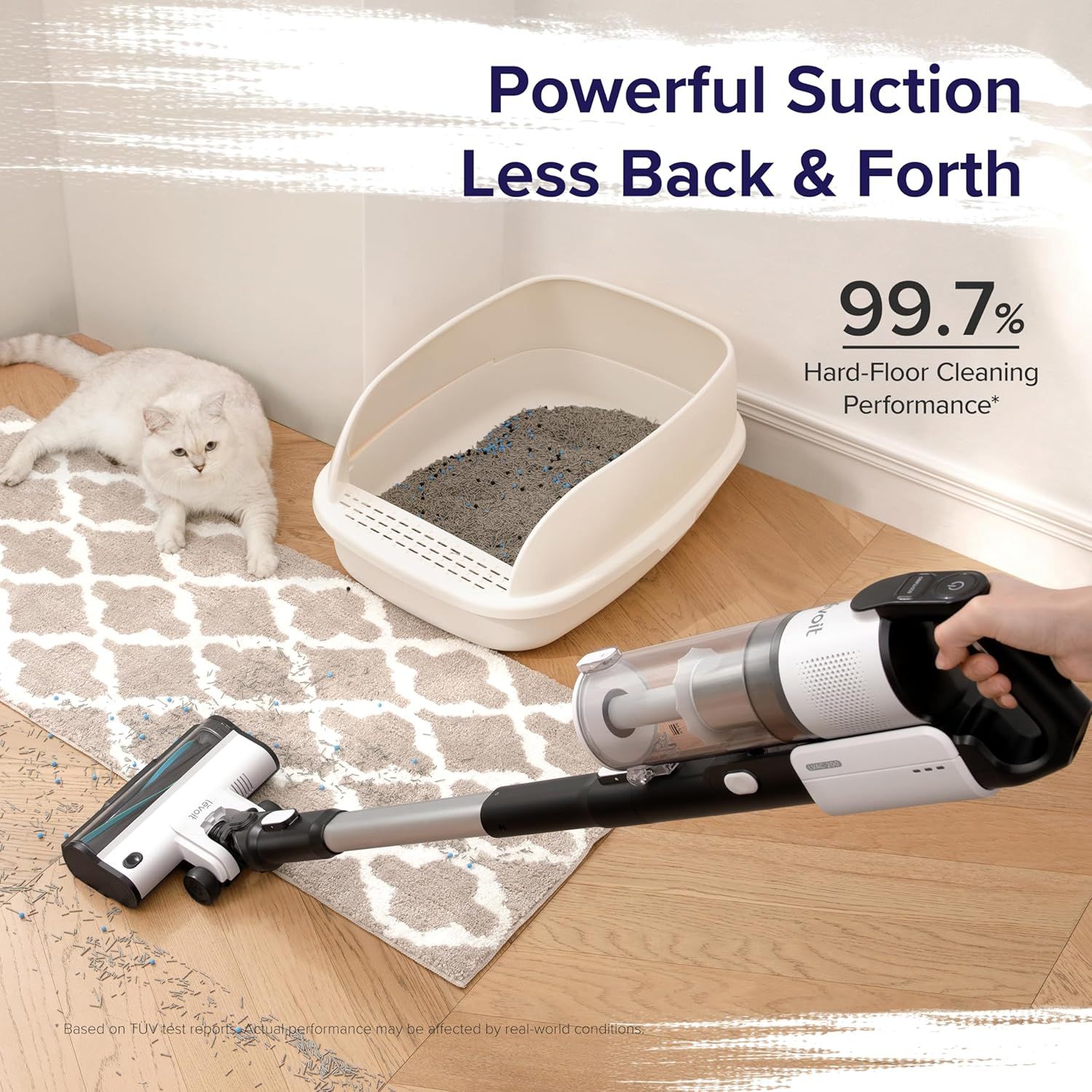Communicates the vacuum's exceptional cleaning effectiveness with a bold quantifiable performance stat to reassure shoppers of its powerful suction…