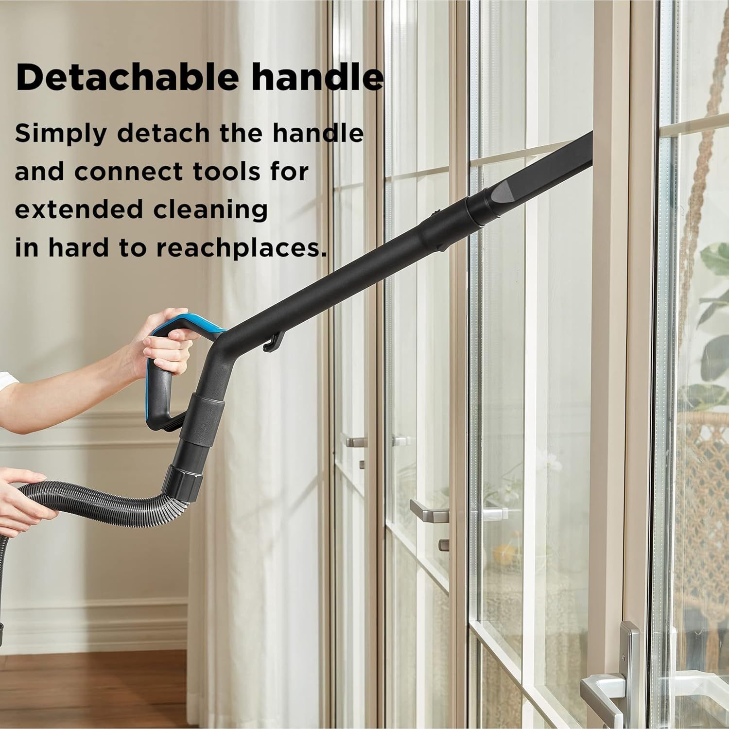 Highlights the detachable handle feature that allows users to connect tools for extended cleaning in hard-to-reach places, emphasizing versatility and…