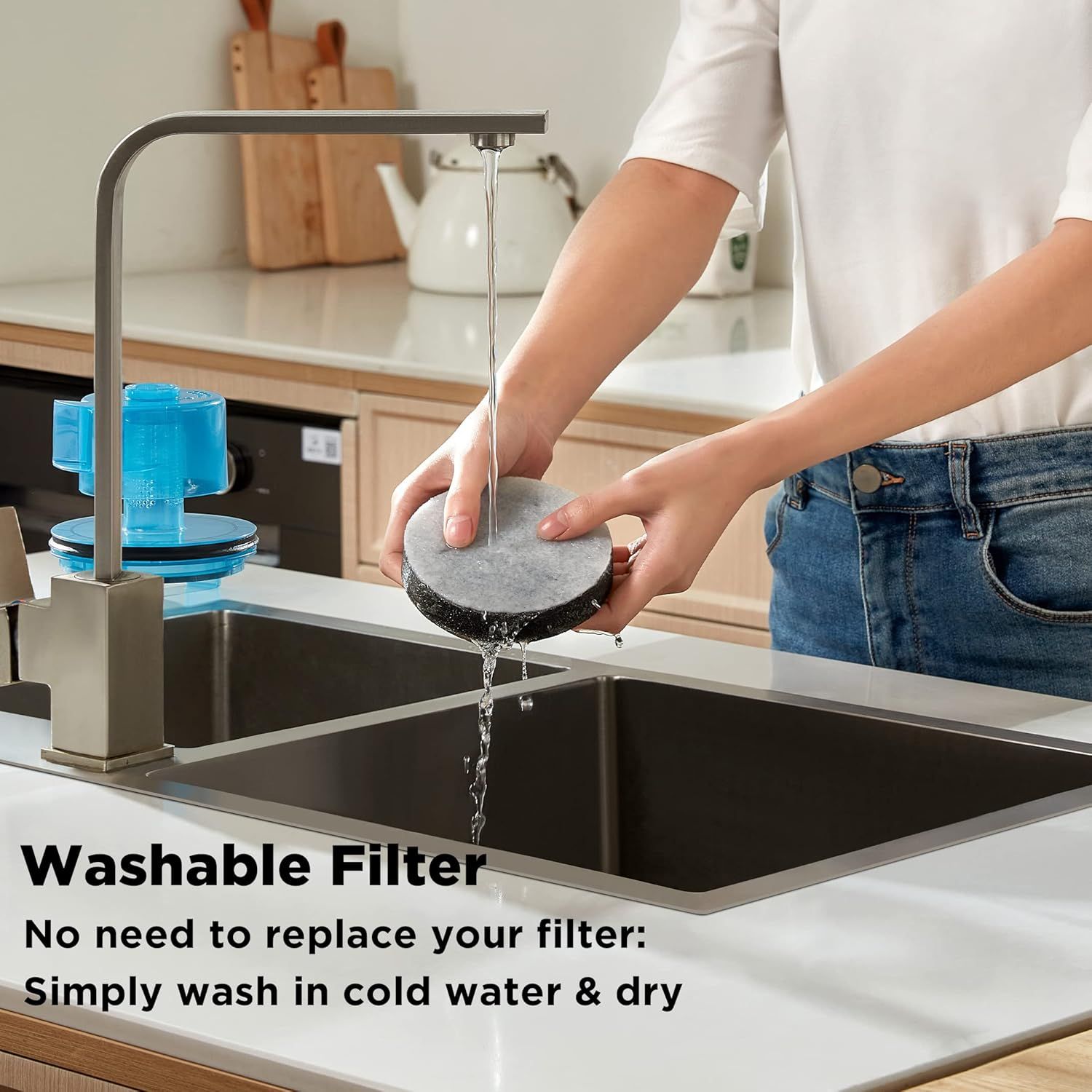 Demonstrates how easy it is to maintain the product's filter by simply washing it in cold water and drying, eliminating the need for replacement filters and…