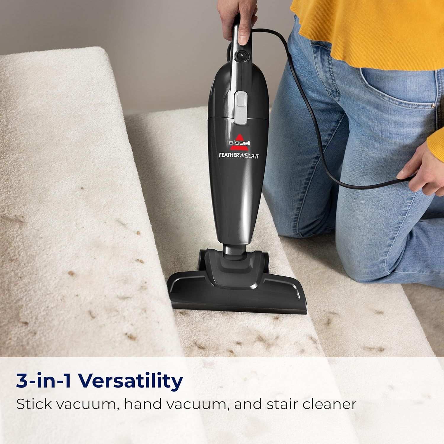 Demonstrates the product's versatility by showing it can function as a stick vacuum, hand vacuum, and stair cleaner, reassuring shoppers of its multi-purpose…