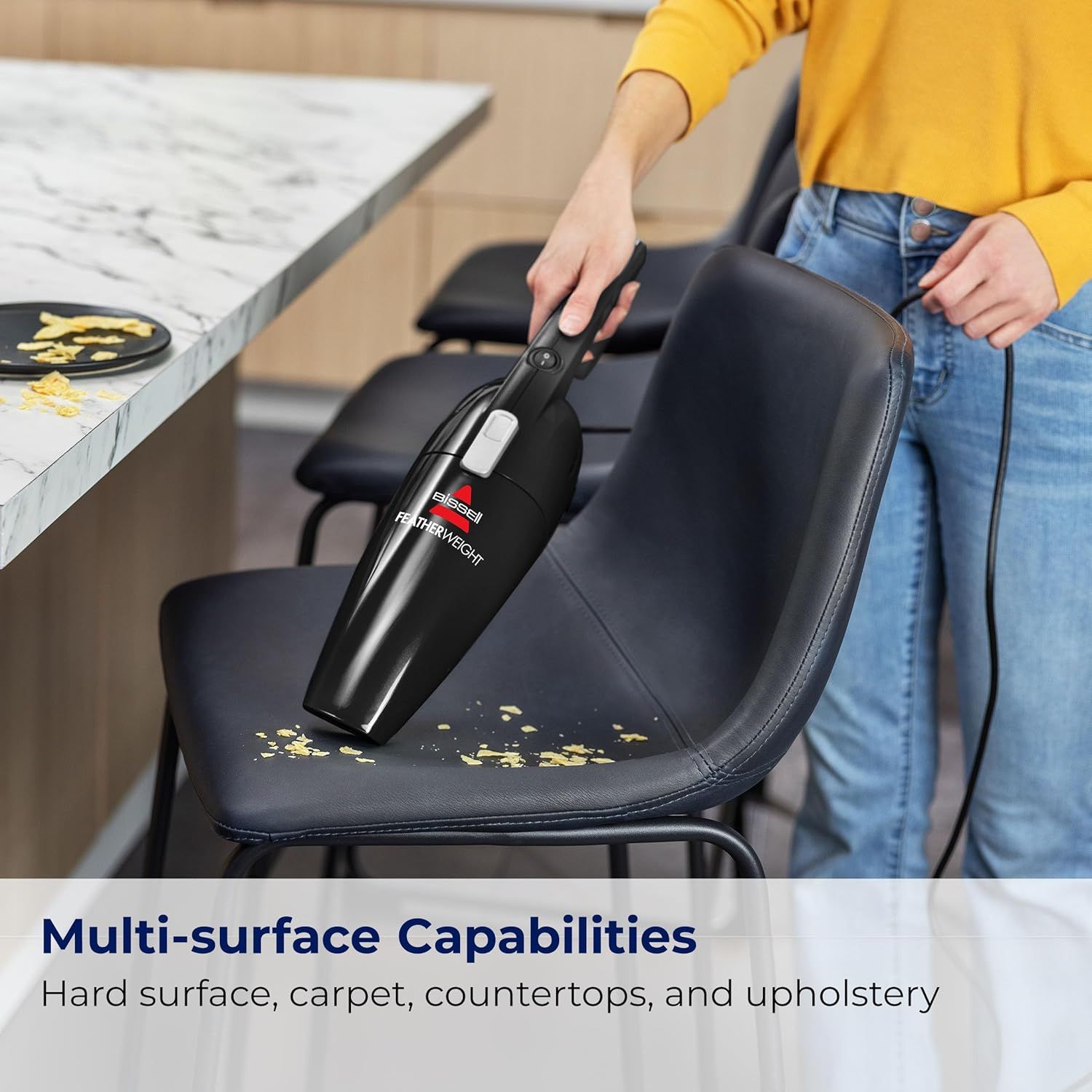 Demonstrates the product's versatility by showing it can clean multiple surfaces including hard surfaces, carpet, countertops, and upholstery, reassuring…