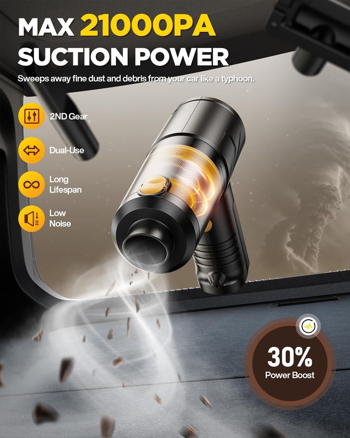 Highlights the powerful 21000PA suction capability to communicate superior cleaning performance and effectiveness at removing dust and debris. Showcases…