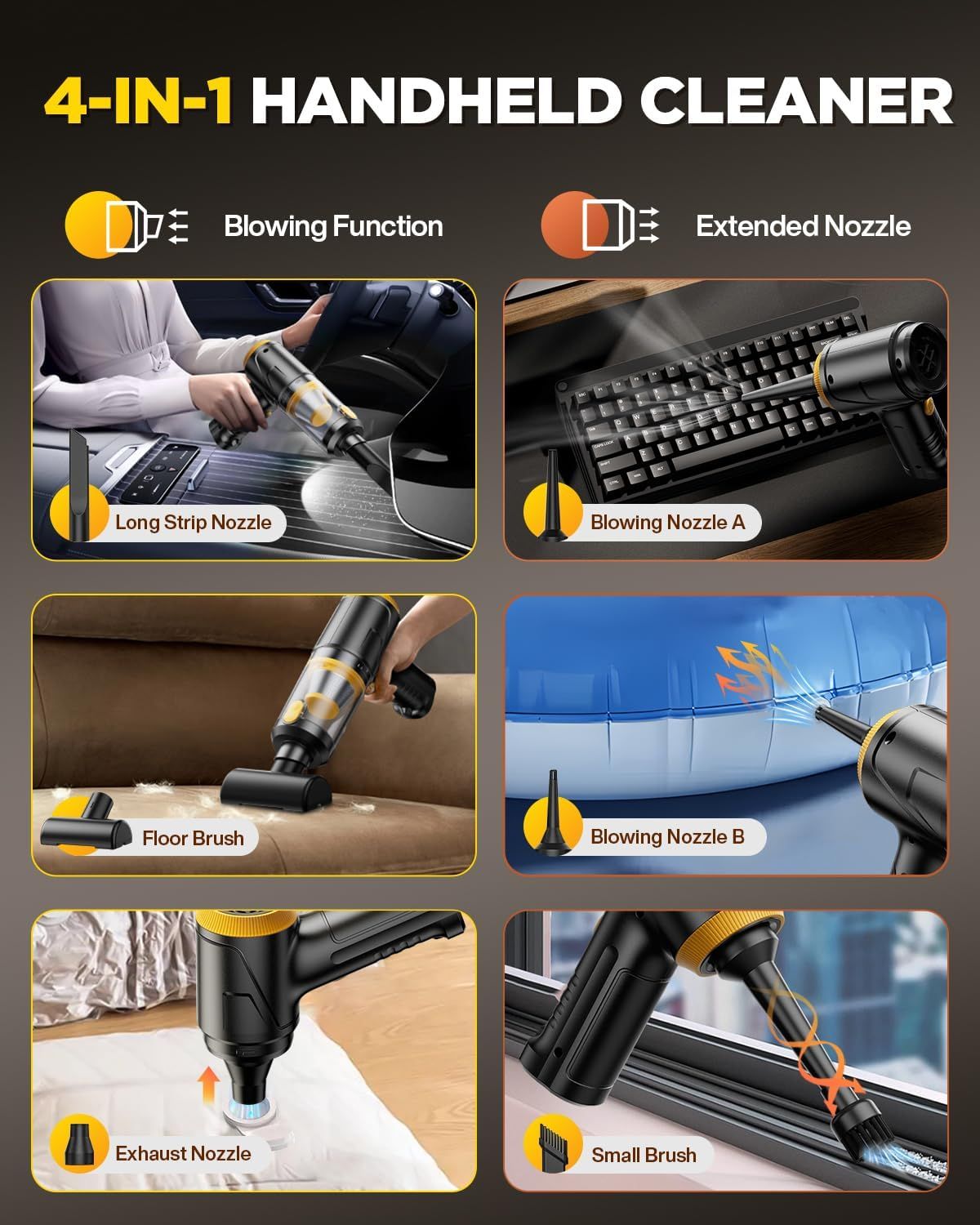 Demonstrates the 4-in-1 handheld cleaner's versatility by showing six different use cases and nozzle attachments for various cleaning scenarios including car…